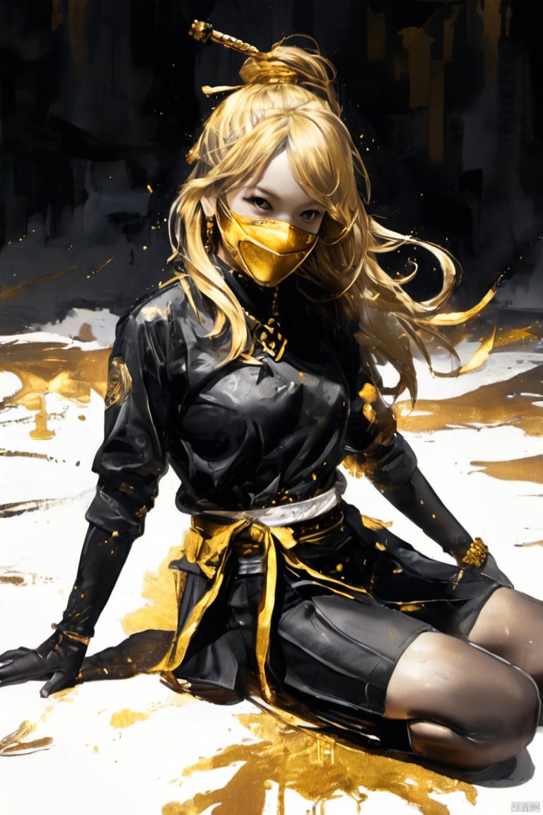 (masterpiece,best quality,realistic,),1girl,reality,solo,mouth mask,paint splatter,full body,golden and black,