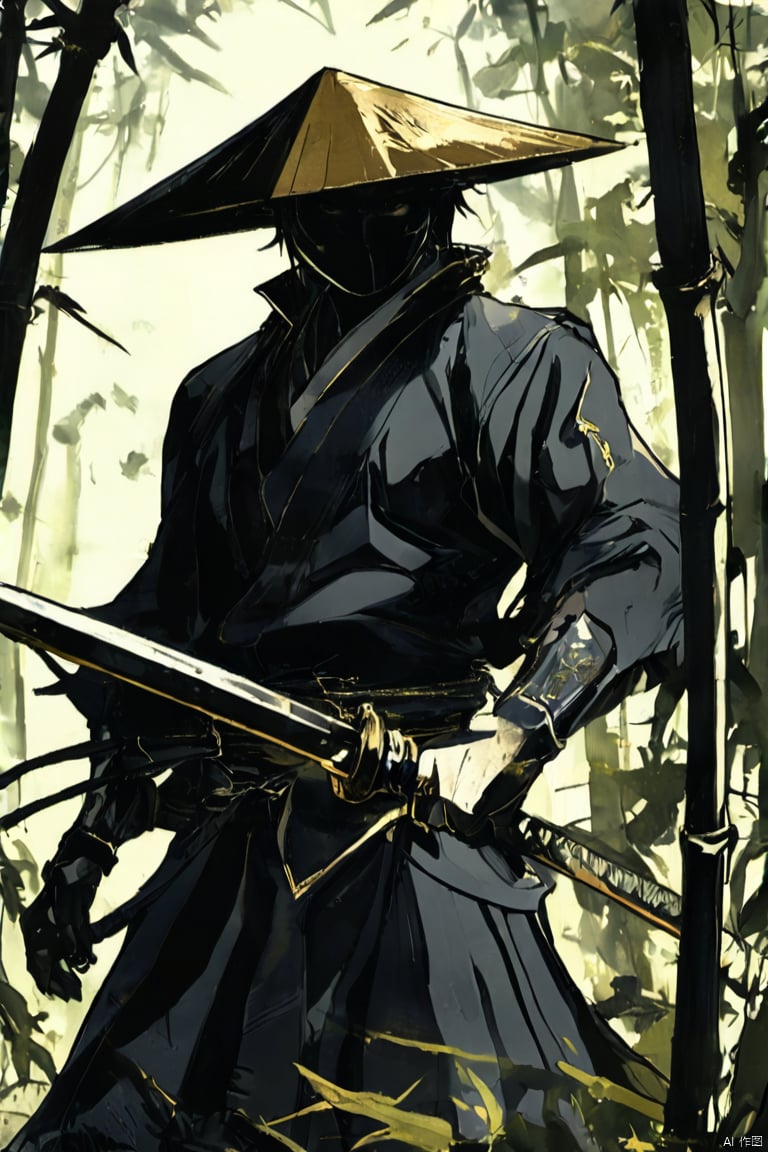 weapon,sword,1boy,hat,holding weapon,holding,solo,holding sword,male focus,bamboo,bamboo forest,nature,katana,forest,outdoors,long sleeves,