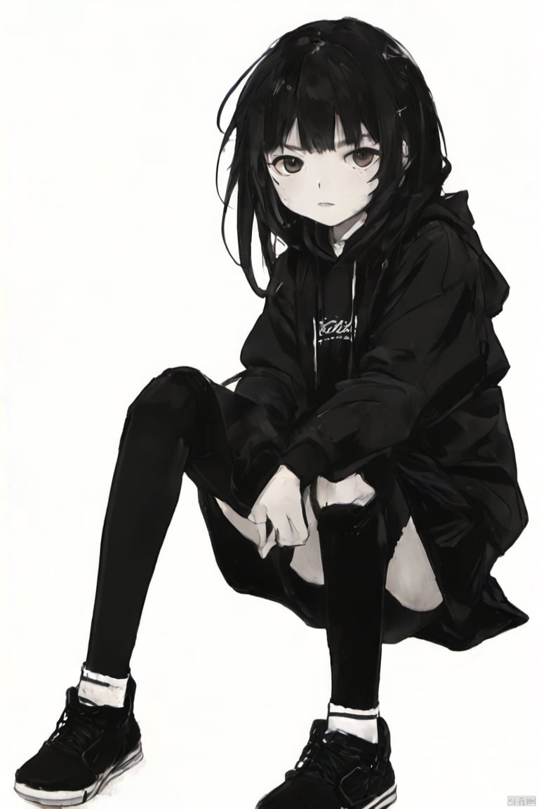 1girl, solo, looking at viewer, blush, bangs, skirt, simple background, socks, black hoodie, loose socks,loli