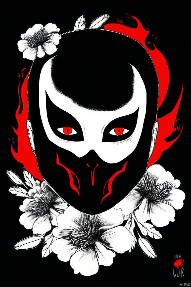 solo, looking at viewer, black background, red eyes, flower, short hair,knife,mask,spot color