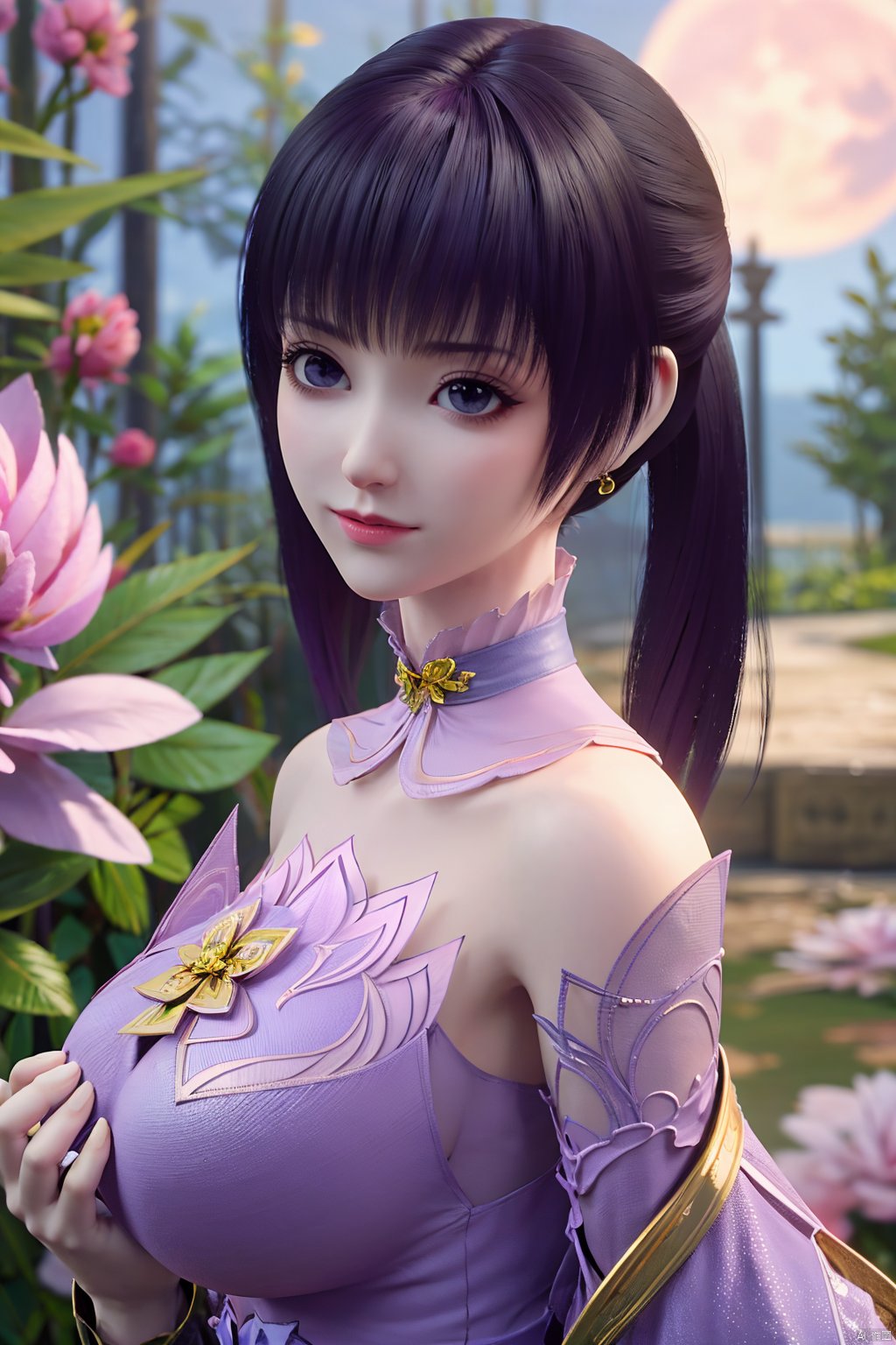  (best quality,masterpiece),Yunxiao_Fairy,1girl,solo,long hair,looking at viewer,jewelry,closed mouth,purple eyes,upper body,purple hair,earrings,blurry,blurry background,sunlight,red lips,(big breasts:1.39),(Peony,full moon:1.49),Xziyan