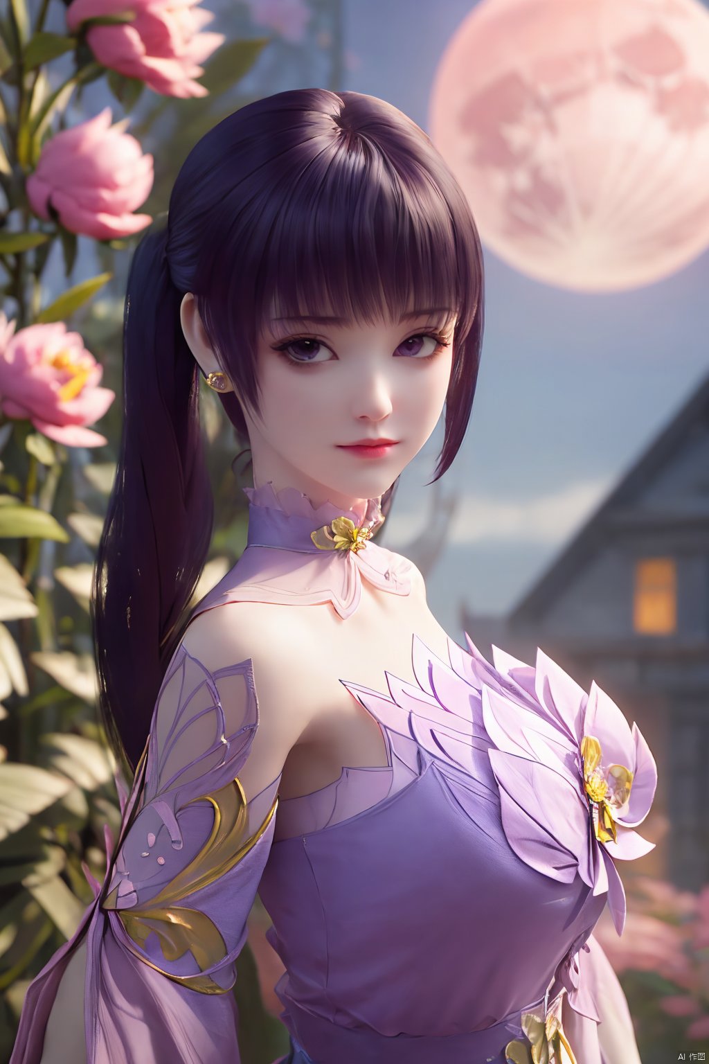  (best quality,masterpiece),Yunxiao_Fairy,1girl,solo,long hair,looking at viewer,jewelry,closed mouth,purple eyes,upper body,purple hair,earrings,blurry,blurry background,sunlight,red lips,(big breasts:1.3),(Peony,full moon:1.49),Xziyan