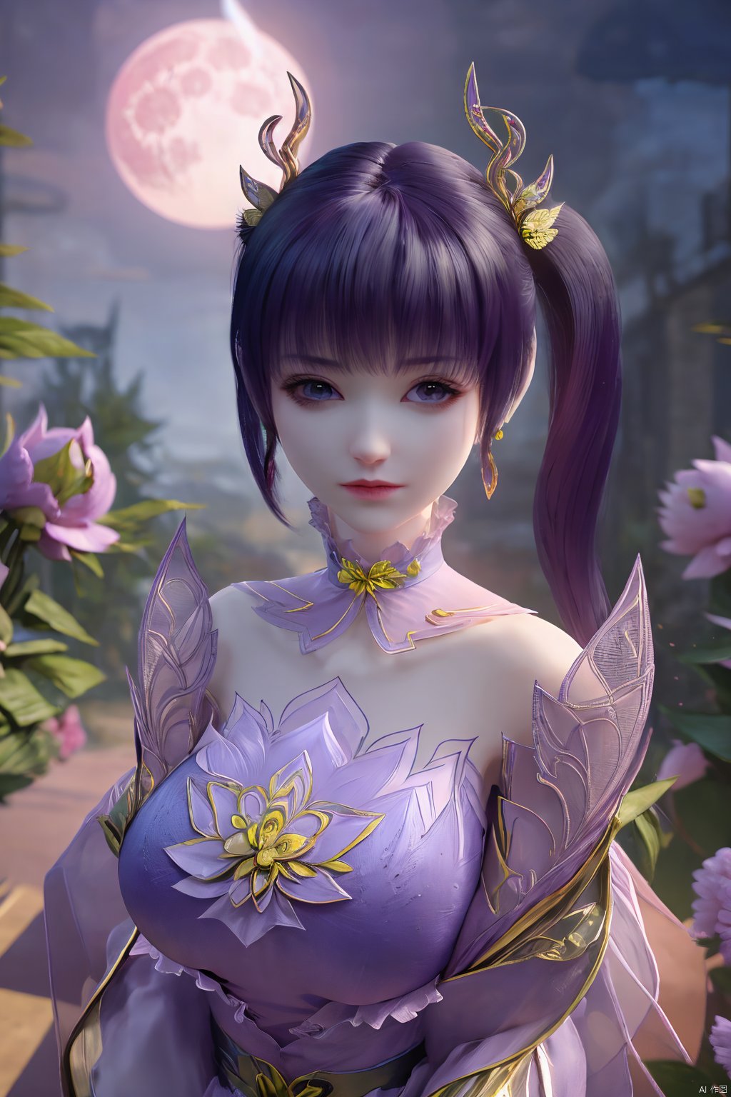  (best quality,masterpiece),Yunxiao_Fairy,1girl,solo,long hair,looking at viewer,jewelry,closed mouth,purple eyes,upper body,purple hair,earrings,blurry,blurry background,sunlight,red lips,(big breasts:1.39),(Peony,full moon:1.49),Xziyan