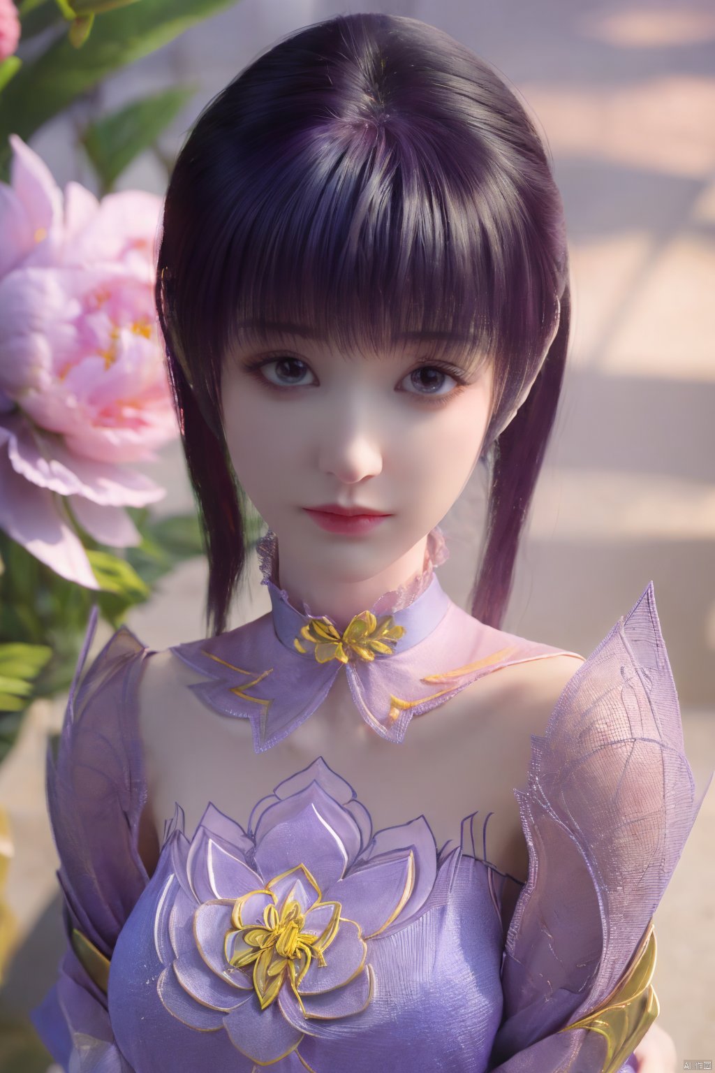  (best quality,masterpiece),Yunxiao_Fairy,1girl,solo,long hair,looking at viewer,jewelry,closed mouth,purple eyes,upper body,purple hair,earrings,blurry,blurry background,sunlight,red lips,(big breasts:1.3),(Peony,full moon:1.49),Xziyan