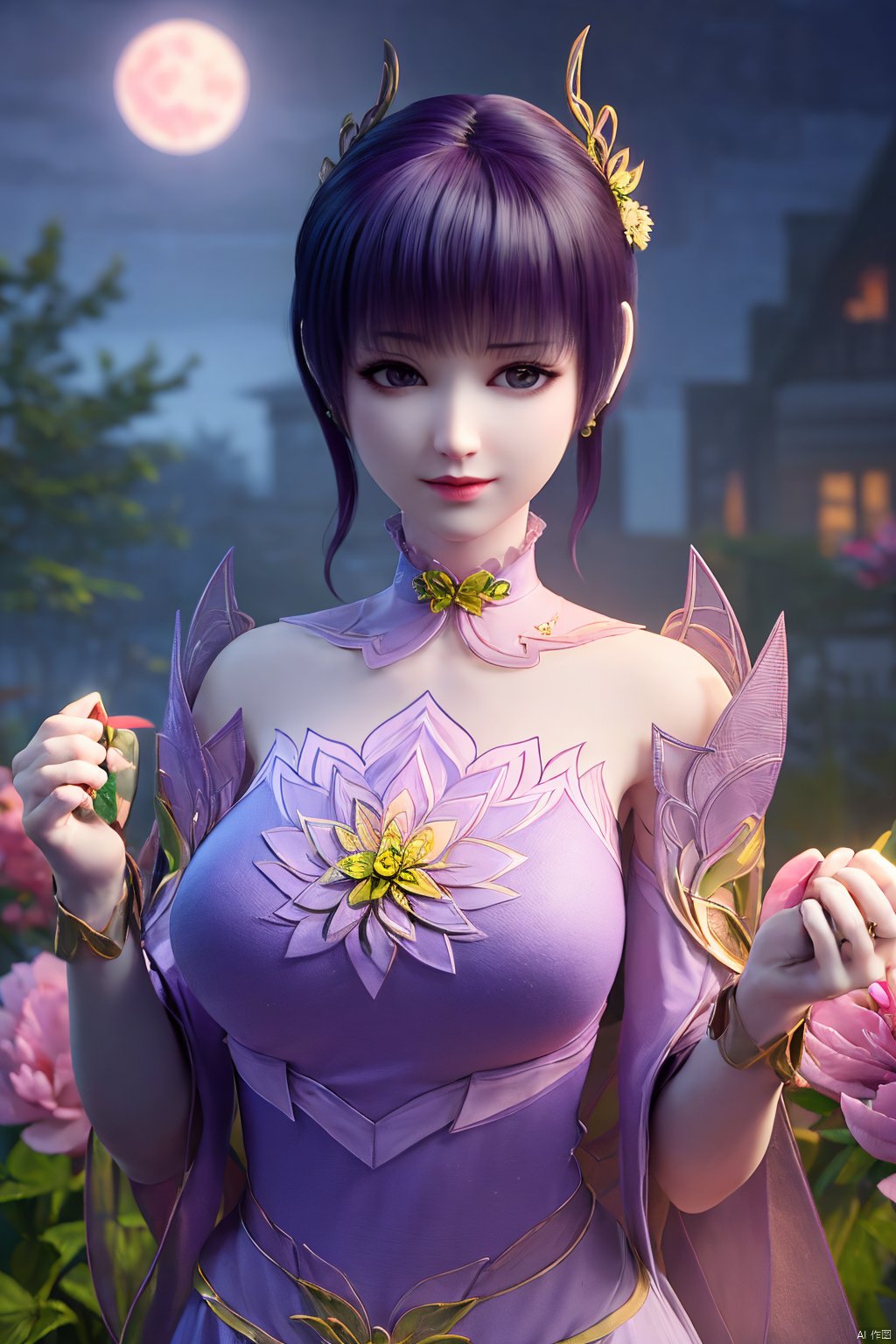  (best quality,masterpiece),Yunxiao_Fairy,1girl,solo,long hair,looking at viewer,jewelry,closed mouth,purple eyes,upper body,purple hair,earrings,blurry,blurry background,sunlight,red lips,(big breasts:1.3),(Peony,full moon:1.49),Xziyan