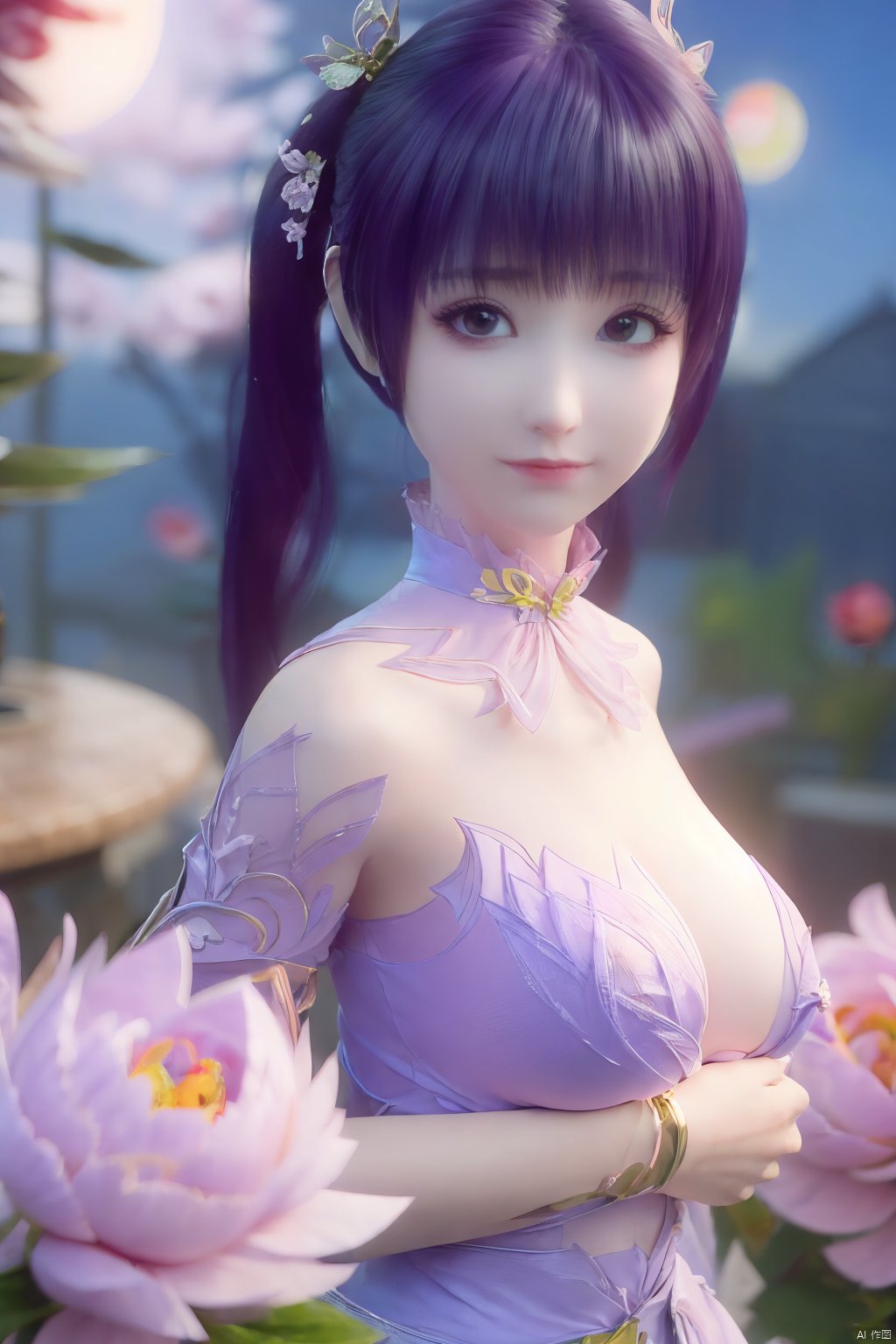  (best quality,masterpiece),Yunxiao_Fairy,1girl,solo,long hair,looking at viewer,jewelry,closed mouth,purple eyes,upper body,purple hair,earrings,blurry,blurry background,sunlight,red lips,(big breasts:1.3),(Peony,full moon:1.49),Xziyan