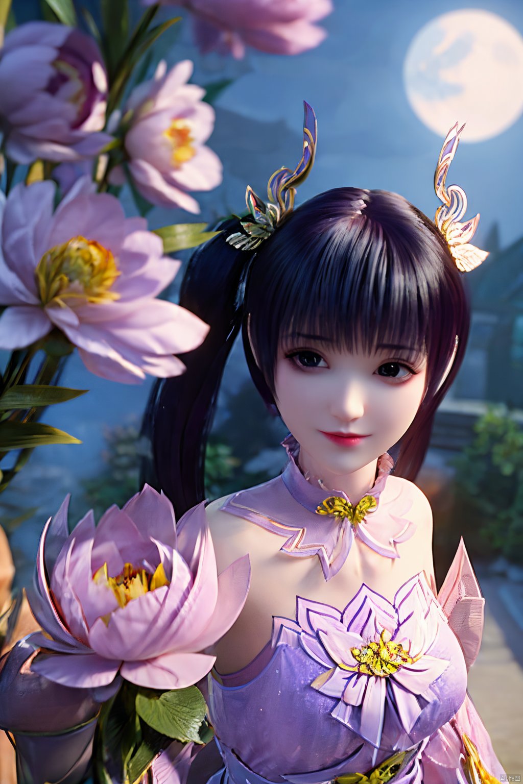  (best quality,masterpiece),Yunxiao_Fairy,1girl,solo,long hair,looking at viewer,jewelry,closed mouth,purple eyes,upper body,purple hair,earrings,blurry,blurry background,sunlight,red lips,(big breasts:1.3),(Peony,full moon:1.49),Xziyan