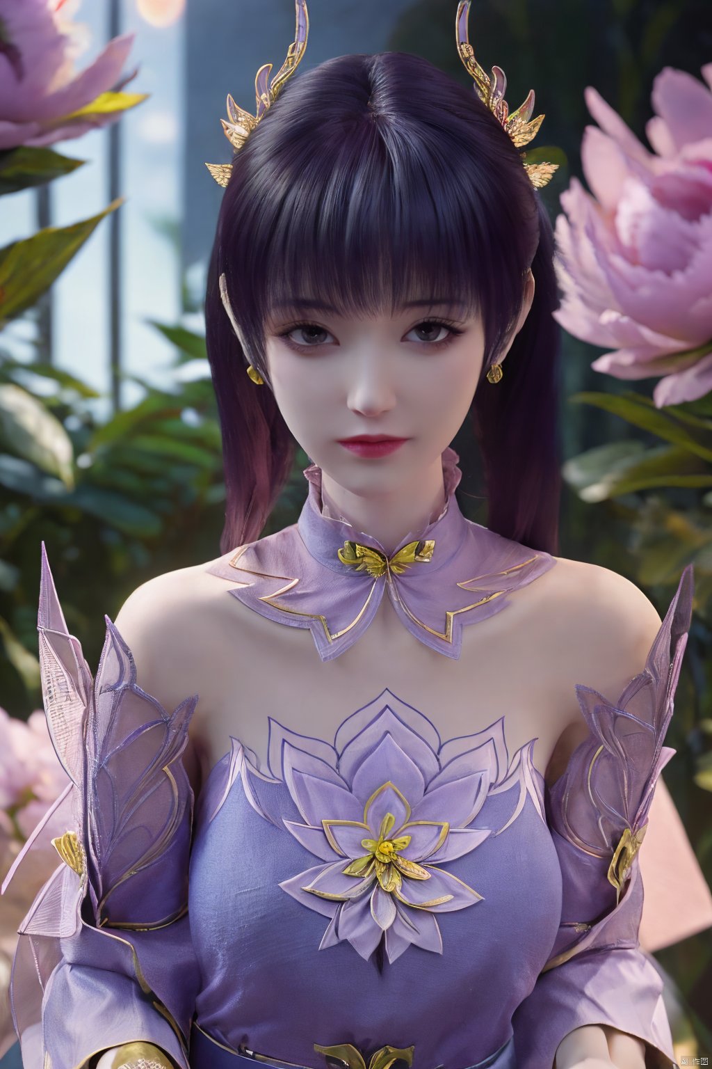  (best quality,masterpiece),Yunxiao_Fairy,1girl,solo,long hair,looking at viewer,jewelry,closed mouth,purple eyes,upper body,purple hair,earrings,blurry,blurry background,sunlight,red lips,(big breasts:1.3),(Peony,full moon:1.49),Xziyan