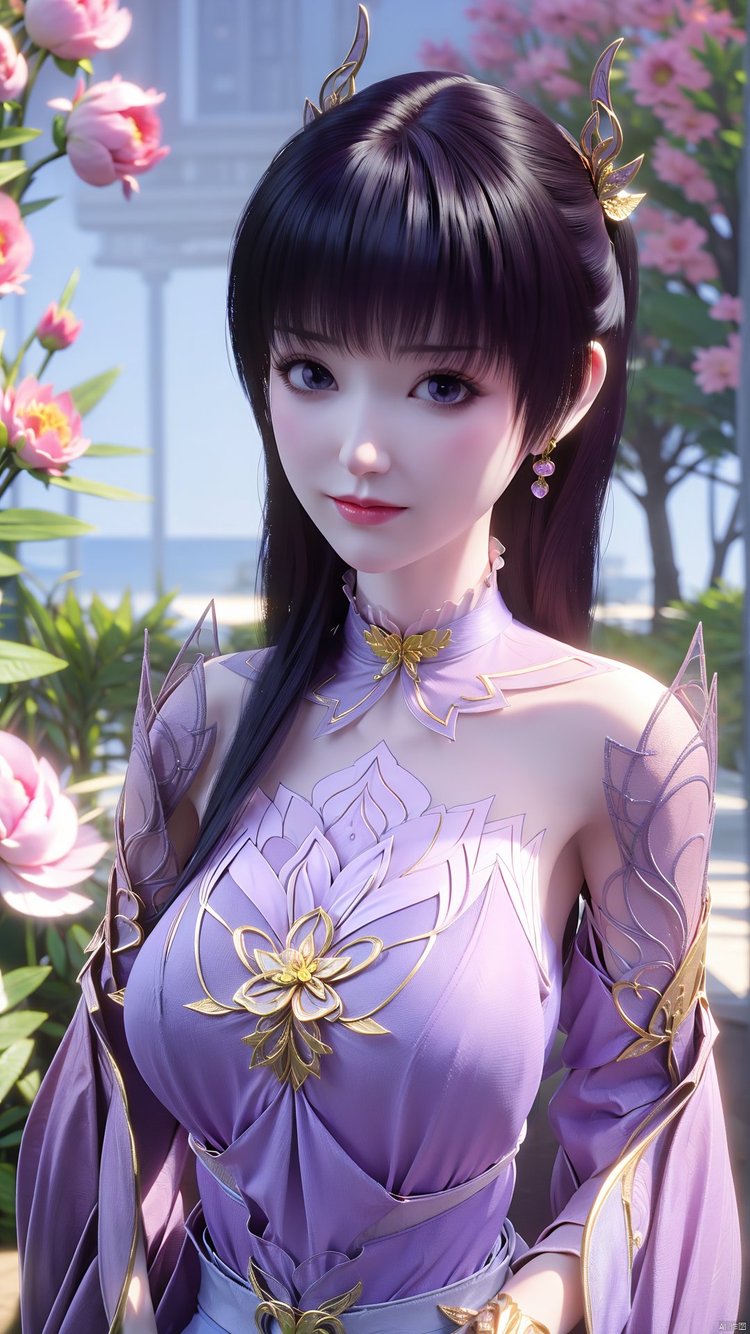 (best quality,masterpiece),Yunxiao_Fairy,1girl,solo,long hair,looking at viewer,jewelry,closed mouth,purple eyes,upper body,purple hair,earrings,blurry,blurry background,sunlight,red lips,(big breasts:1.39),(Peony,full moon:1.49),Xtanghuoer,Xziyan