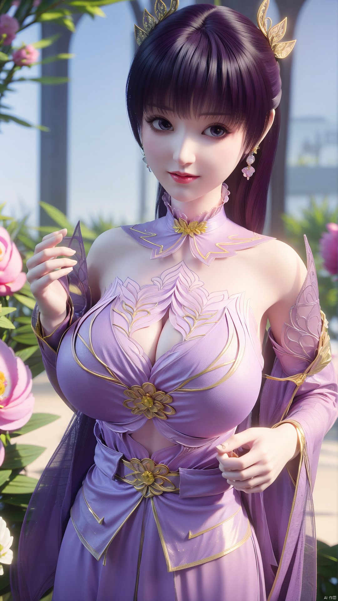 (best quality,masterpiece),Yunxiao_Fairy,1girl,solo,long hair,looking at viewer,jewelry,closed mouth,purple eyes,upper body,purple hair,earrings,blurry,blurry background,sunlight,red lips,(big breasts:1.59),(Peony,full moon:1.49),Xtanghuoer,Xziyan