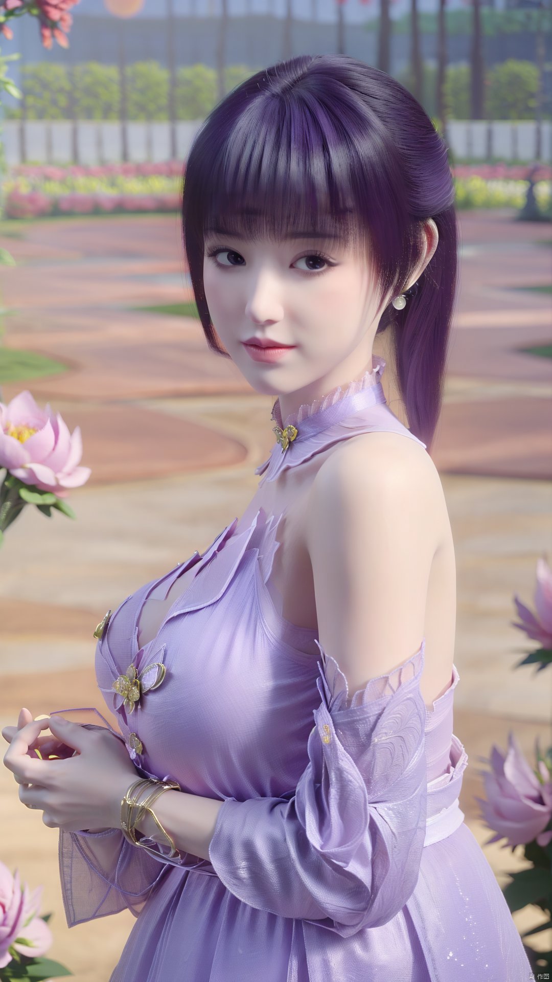 (best quality,masterpiece),Yunxiao_Fairy,1girl,solo,long hair,looking at viewer,jewelry,closed mouth,purple eyes,upper body,purple hair,earrings,blurry,blurry background,sunlight,red lips,(big breasts:1.59),(Peony,full moon:1.49),Xtanghuoer,Xziyan