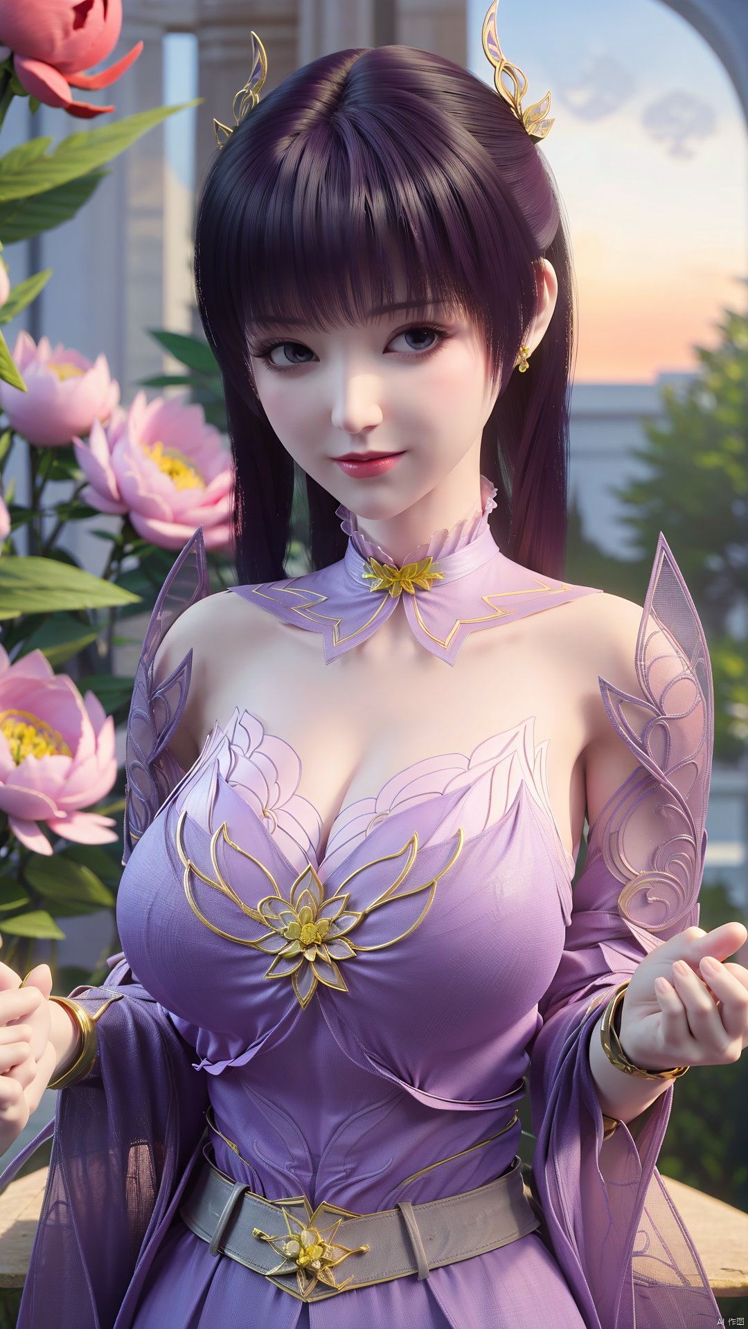 (best quality,masterpiece),Yunxiao_Fairy,1girl,solo,long hair,looking at viewer,jewelry,closed mouth,purple eyes,upper body,purple hair,earrings,blurry,blurry background,sunlight,red lips,(big breasts:1.59),(Peony,full moon:1.49),Xtanghuoer,Xziyan