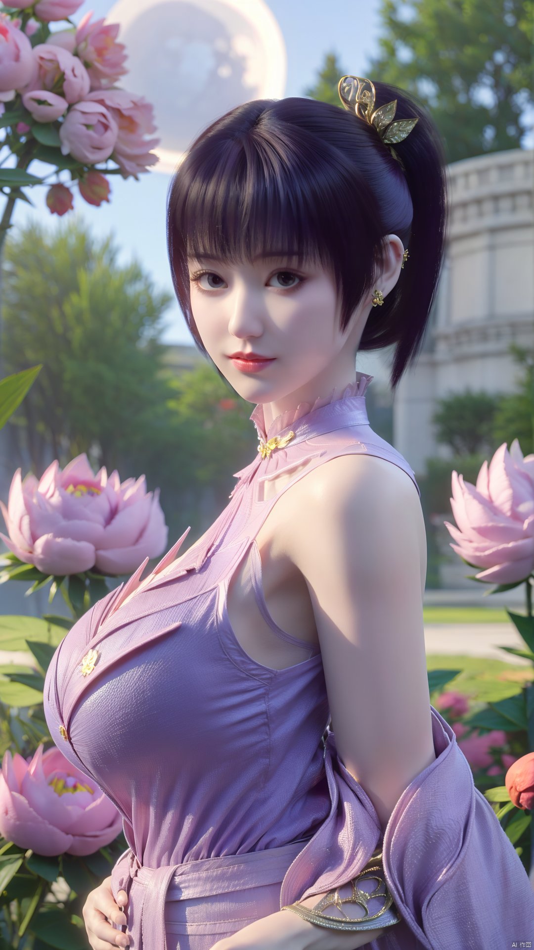 (best quality,masterpiece),Yunxiao_Fairy,1girl,solo,long hair,looking at viewer,jewelry,closed mouth,purple eyes,upper body,purple hair,earrings,blurry,blurry background,sunlight,red lips,(big breasts:1.59),(Peony,full moon:1.49),Xtanghuoer,Xziyan