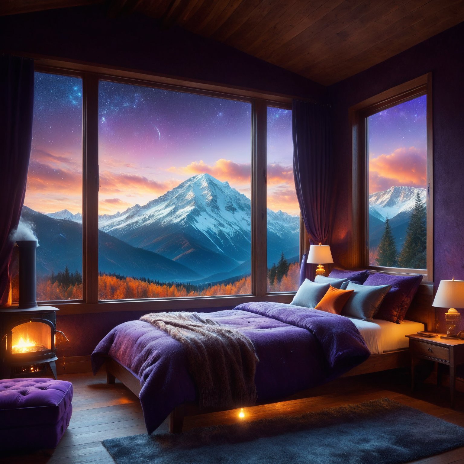 A captivating hyper-realistic cinematic image of a window overlooking a breathtaking mountain range. The mountains are majestic and towering, with snow-capped peaks and dense forests at their base. The sky is a stunning blend of purple and orange hues, casting a soft glow over the landscape. Inside the room, there are vintage furnishings, a warm fireplace, and a soft, cozy ambiance that invites relaxation., cinematic,noc-mgptcls