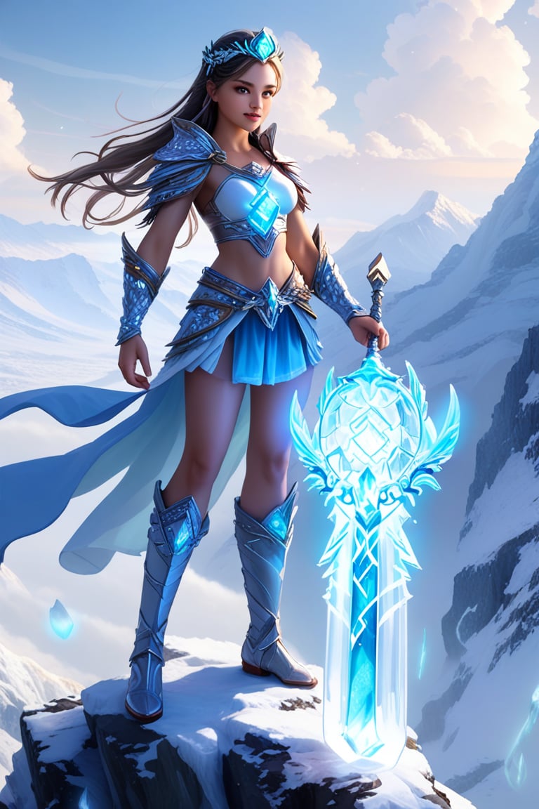 a beautiful girl stands on a hill top. She uses the magic ring and turns into a beautiful ice magic \(ek_ges1ba\) warrior \(detailed exquisite face\),ek_game_3ffect