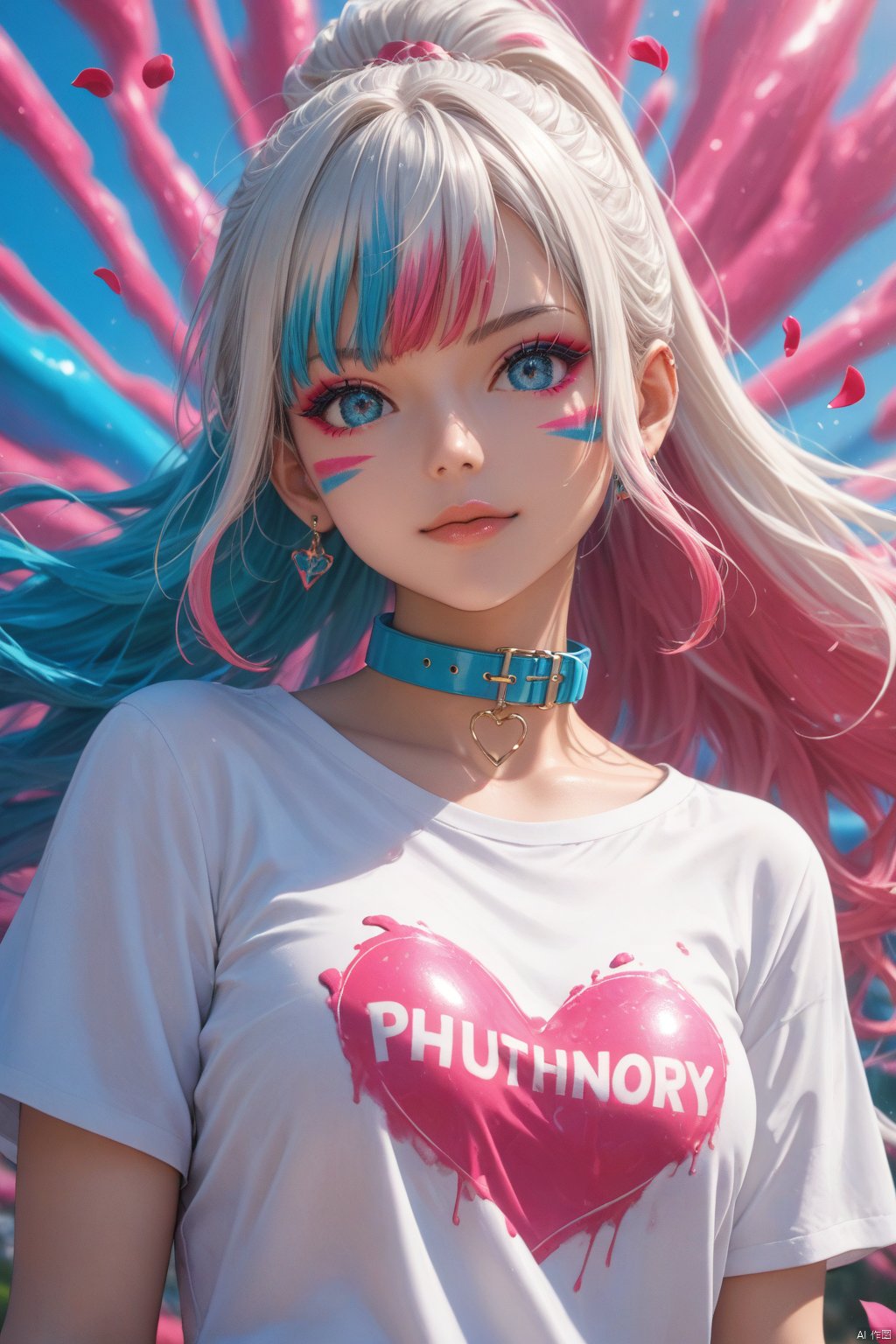 Pink Fashion T-shirt:1.9),(Colorful hair: 1.8), (all the colours of the rainbow: 1.8),(((((vertical painting:1.6))), (painting:1.6),front, comics, illustrations, paintings, large eyes, crystal clear eyes,( rainbow color gradient high ponytail:1.7), exquisite makeup, closed mouth,(Small Fresh: 1.5),(Wipe Chest: 1.6) ,long eyelashes, white off shoulder T-shirt, White Shoulder Shirt,looking at the audience, large watery eyes, (rainbow colored hair:1.6), color splash, (solo:1.8), color splash, color explosion, thick paint style, messy lines, ((shining)),(colorful), (colorful), (colorful), colorful, Thick Paint Style, (Splash) (Color Splash), Vertical Painting, Upper Body, Paint Splash, Acrylic Pigment, Gradient, Paint, Highest Image Quality, Highest Quality, Masterpiece, Solo, Depth of Field, Face Paint, colorful clothes, (Elegant: 1.2), gorgeous,long hair, wind, (Elegant: 1.3), (Petals: 1.4),(((masterpiece))),(((best quality))),((ultra-detailed)),(illustration),(dynamic angle),((floating)),(paint),((disheveled hair)),(solo),(1girl) , (((detailed anima face))),((beautiful detailed face)),collar,bare shoulders,white hair, ((colorful hair)),((streaked hair)),beautiful detailed eyes,(Gradient color eyes),(((colorful eyes))),(((colorful background))),(((high saturation))),(((surrounded by colorful splashes))),still,score_9,score_8_up,score_7_up,masterpiece,best quality,perfect anatomy,very aesthetic,official art,8k,