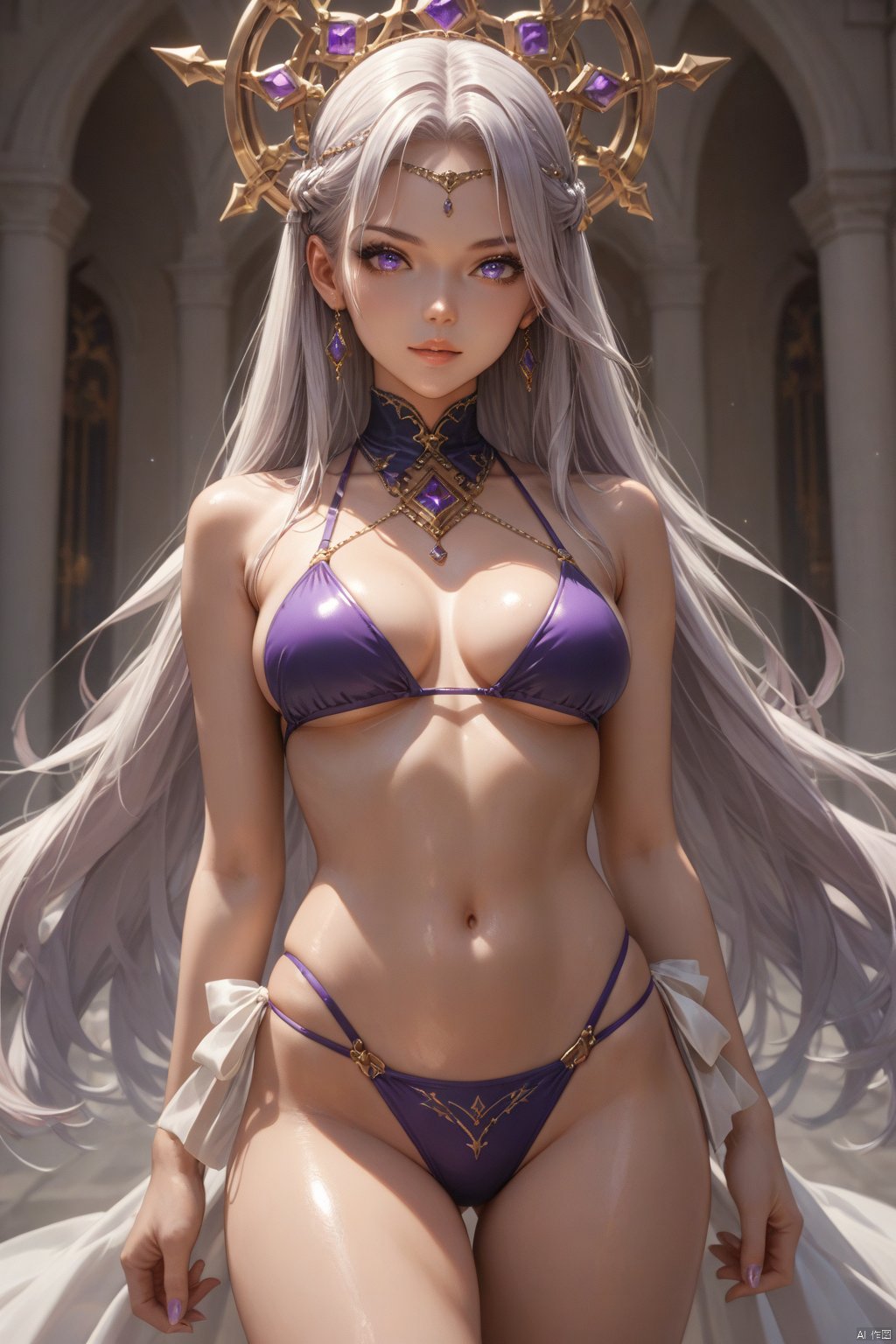 score_9, score_8_up, score_7_up,source_anime, high res image, masterpiece, best quality,high detailed,very aesthetic, absurdres,clear skin,shiny hair,ultra detailed eyes,medium_breasts,long_hair,purple_eyes,bikini,