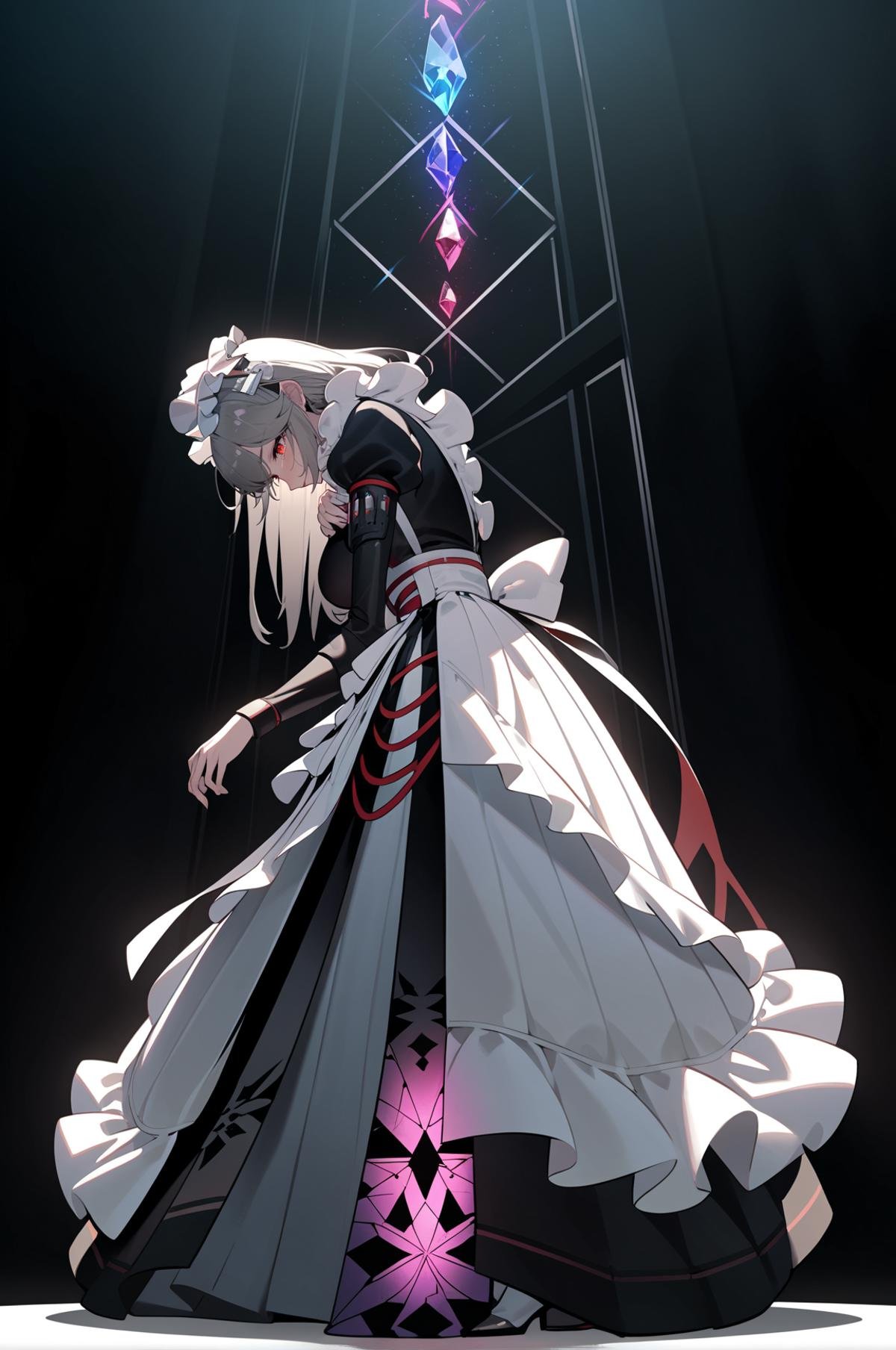 1girl, full body, best quality, high detail, <lora:rina-A3-Tanger-000014:0.7>, rina, rina's def clothes, long dress, 1girl, red eyes, maid, grey hair, maid headdress, straight large breasts, apron, She crossed her arms over her chest and looked down to one side, head_down, crying, crying, tears streaming down my face, tears, sadness, dynamic pose, extreme aesthetics, art photography, film lens, film light and shadow, simple_black_background, black and white theme, Sense of coordination, sense of order, mathematics beauty, (cover design), (cover art), ((trim)), album_art, official art, (Master's work), chessboard, chess, white geometry, black geometry, reflection, crystal_art, pattern_design, creative, Mystery pattern, black crystal decorate, black crystal, (architectural art), ((geometric art)), pattern design, creative, ------, Low saturation, grand masterpiece, Perfect composition, film light, light art, 