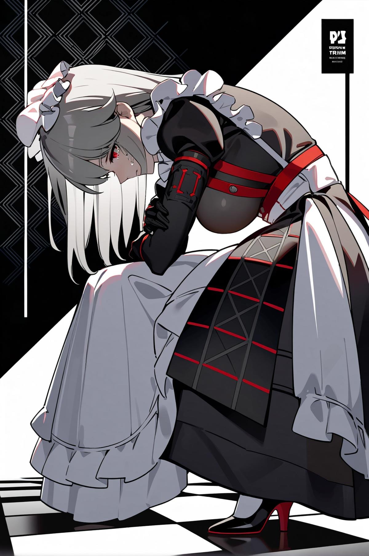 1girl, full body, best quality, high detail, <lora:rina-A3-Tanger-000014:0.7>, rina, rina's def clothes, long dress, 1girl, red eyes, maid, grey hair, maid headdress, straight large breasts, apron, She crossed her arms over her chest and looked down to one side, head_down, crying, crying, tears streaming down my face, tears, sadness, dynamic pose, extreme aesthetics, art photography, film lens, film light and shadow, simple_black_background, black and white theme, Sense of coordination, sense of order, mathematics beauty, (cover design), (cover art), ((trim)), album_art, official art, (Master's work), chessboard, chess, white geometry, black geometry, reflection, crystal_art, pattern_design, creative, Mystery pattern, black crystal decorate, black crystal, (architectural art), ((geometric art)), pattern design, creative, ------, Low saturation, grand masterpiece, Perfect composition, film light, light art, 