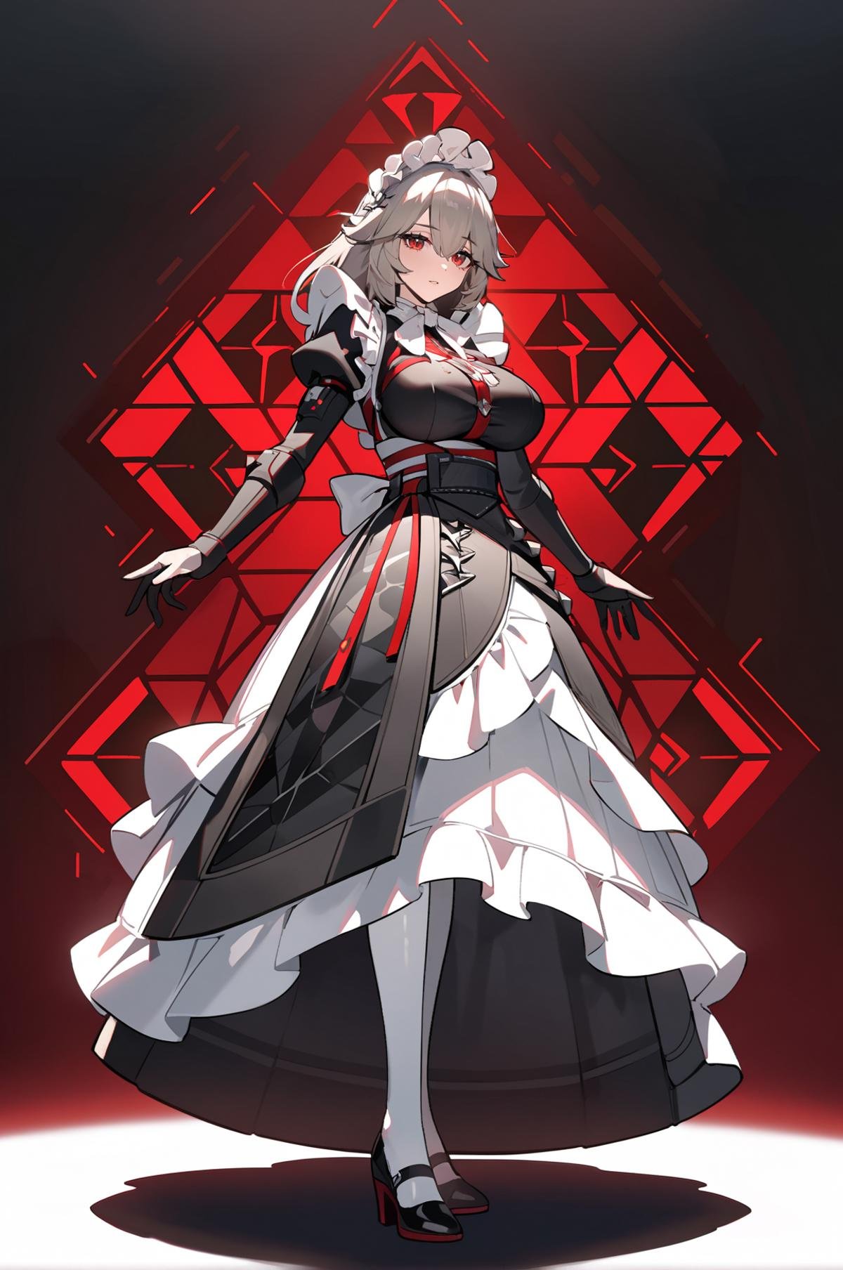 1girl, full body, best quality, high detail, <lora:rina-A3-Tanger-000014:0.7>, rina, rina's def clothes, long dress, 1girl, red eyes, maid, grey hair, maid headdress, straight large breasts, apron, Confident, stunning figure, head high, eyes sparkling, magnetic presence, commanding attention, self-assured, charismatic, captivating.dynamic pose, extreme aesthetics, art photography, film lens, film light and shadow, simple_black_background, black and white theme, Sense of coordination, sense of order, mathematics beauty, (cover design), (cover art), ((trim)), album_art, official art, (Master's work), chessboard, chess, white geometry, black geometry, reflection, crystal_art, pattern_design, creative, Mystery pattern, black crystal decorate, black crystal, (architectural art), ((geometric art)), pattern design, creative, ------, Low saturation, grand masterpiece, Perfect composition, film light, light art, 