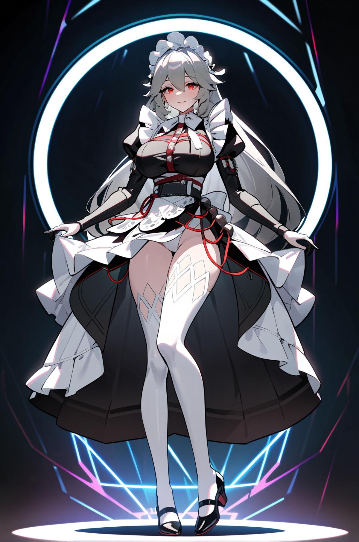 1girl, full body, best quality, high detail, <lora:rina-A3-Tanger-000014:0.7>, rina, rina's def clothes, long dress, 1girl, red eyes, maid, grey hair, maid headdress, straight large breasts, apron, Confident, stunning figure, head high, eyes sparkling, magnetic presence, commanding attention, self-assured, charismatic, captivating.dynamic pose, extreme aesthetics, art photography, film lens, film light and shadow, simple_black_background, black and white theme, Sense of coordination, sense of order, mathematics beauty, (cover design), (cover art), ((trim)), album_art, official art, (Master's work), chessboard, chess, white geometry, black geometry, reflection, crystal_art, pattern_design, creative, Mystery pattern, black crystal decorate, black crystal, (architectural art), ((geometric art)), pattern design, creative, ------, Low saturation, grand masterpiece, Perfect composition, film light, light art, 