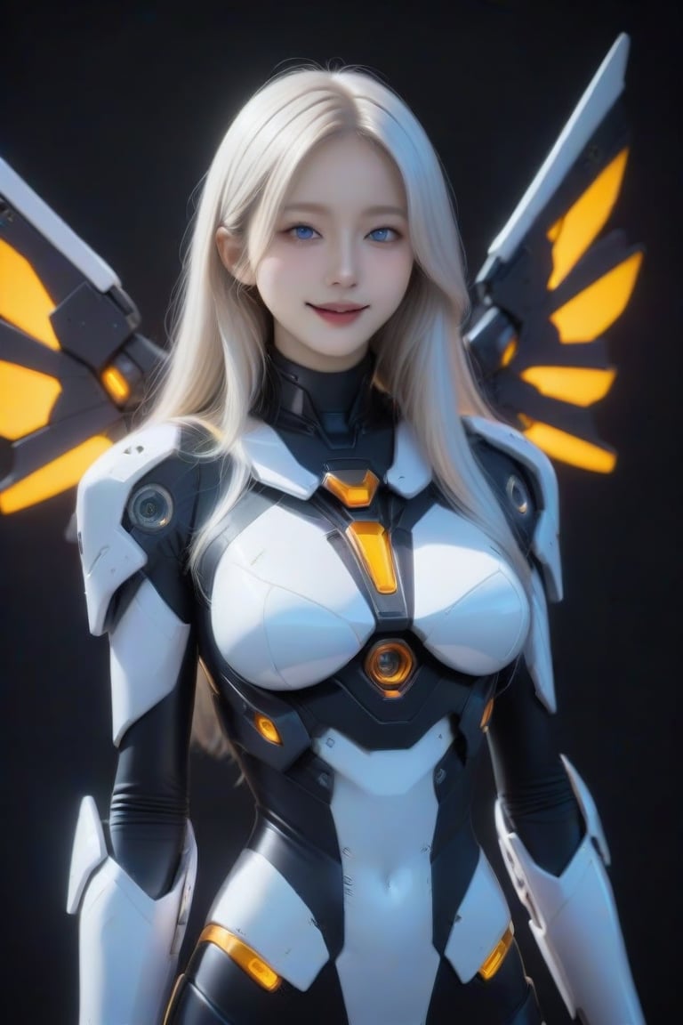 masterpiece, best quality, 1girl, solo, long hair, looking at viewer, smile, blue eyes, blonde hair, standing, white hair, cowboy shot, realistic, black background, FuturEvoLabMecha, FuturEvoLabCity, FuturEvoLabCyberpunk, 