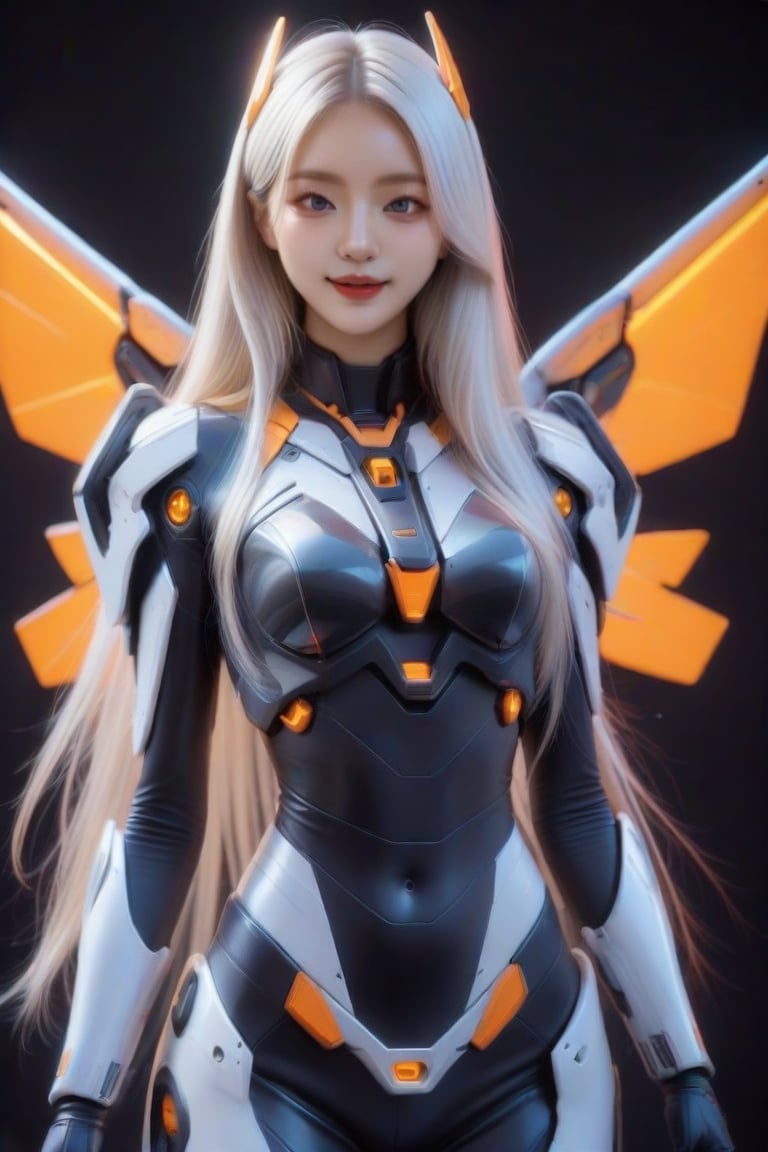 masterpiece, best quality, 1girl, solo, long hair, looking at viewer, smile, blue eyes, blonde hair, standing, white hair, cowboy shot, realistic, black background, FuturEvoLabMecha,FuturEvoLabCyberpunk