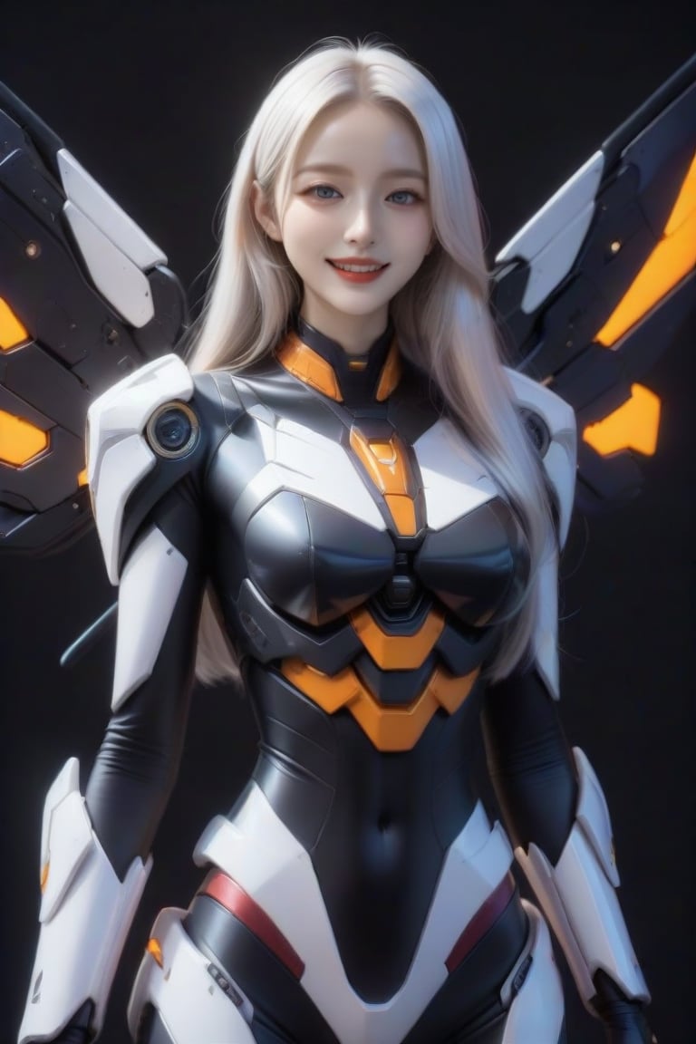 masterpiece, best quality, 1girl, solo, long hair, looking at viewer, smile, blue eyes, blonde hair, standing, white hair, cowboy shot, realistic, black background, FuturEvoLabMecha, FuturEvoLabCity, FuturEvoLabCyberpunk, 