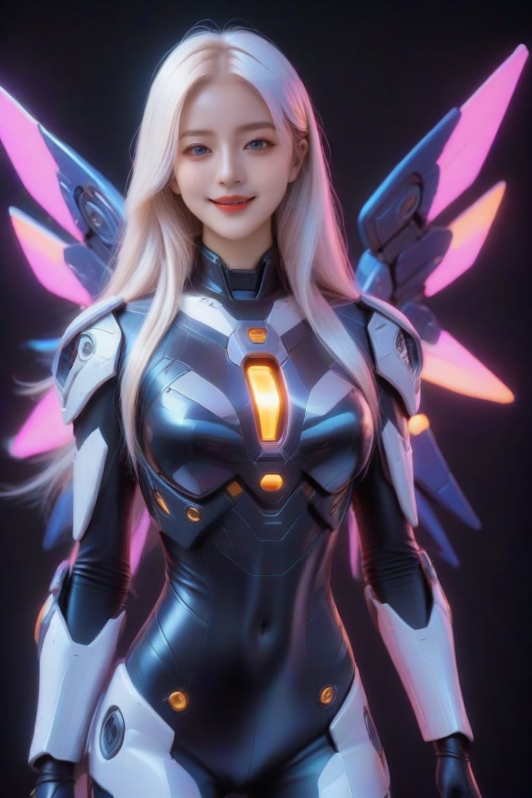 masterpiece, best quality, 1girl, solo, long hair, looking at viewer, smile, blue eyes, blonde hair, standing, white hair, cowboy shot, realistic, black background, FuturEvoLabMecha,FuturEvoLabCyberpunk