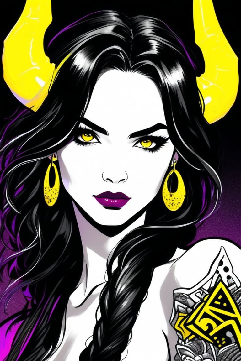 Comic Art Illustration Style,  an illustration of a woman with horns and glowing eyes, 1girl, solo, long hair, looking at viewer, black hair, jewelry, yellow eyes, multicolored hair, earrings, horns, tattoo, glowing, glowing eyes, black lips