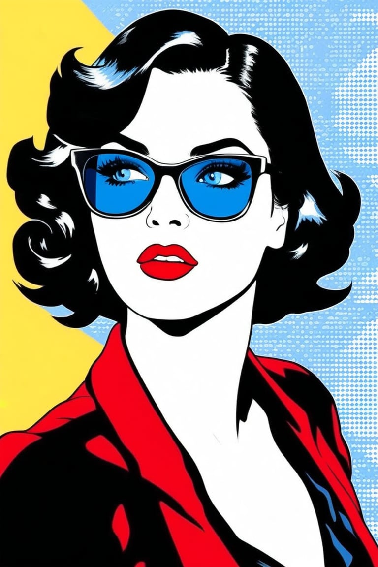 Comic Art Illustration Style,  a pop art style illustration of a woman wearing glasses, 1girl, solo, looking at viewer, short hair, blue eyes, black hair, makeup, red lips