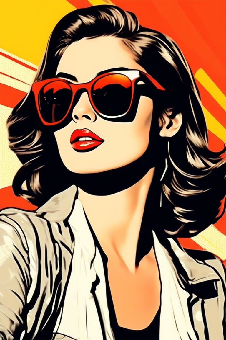 Comic Art Illustration Style,  a pop art style painting of a woman wearing sunglasses, 1girl, solo, sunglasses