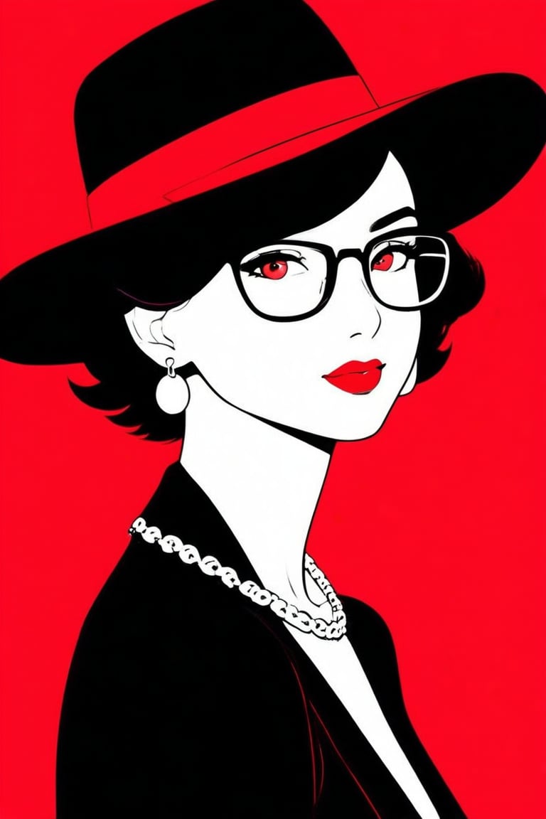 Comic Art Illustration Style,  an illustration of a woman wearing glasses and a hat, 1girl, solo, looking at viewer, short hair, hat, jewelry, earrings, glasses, red background, red lips