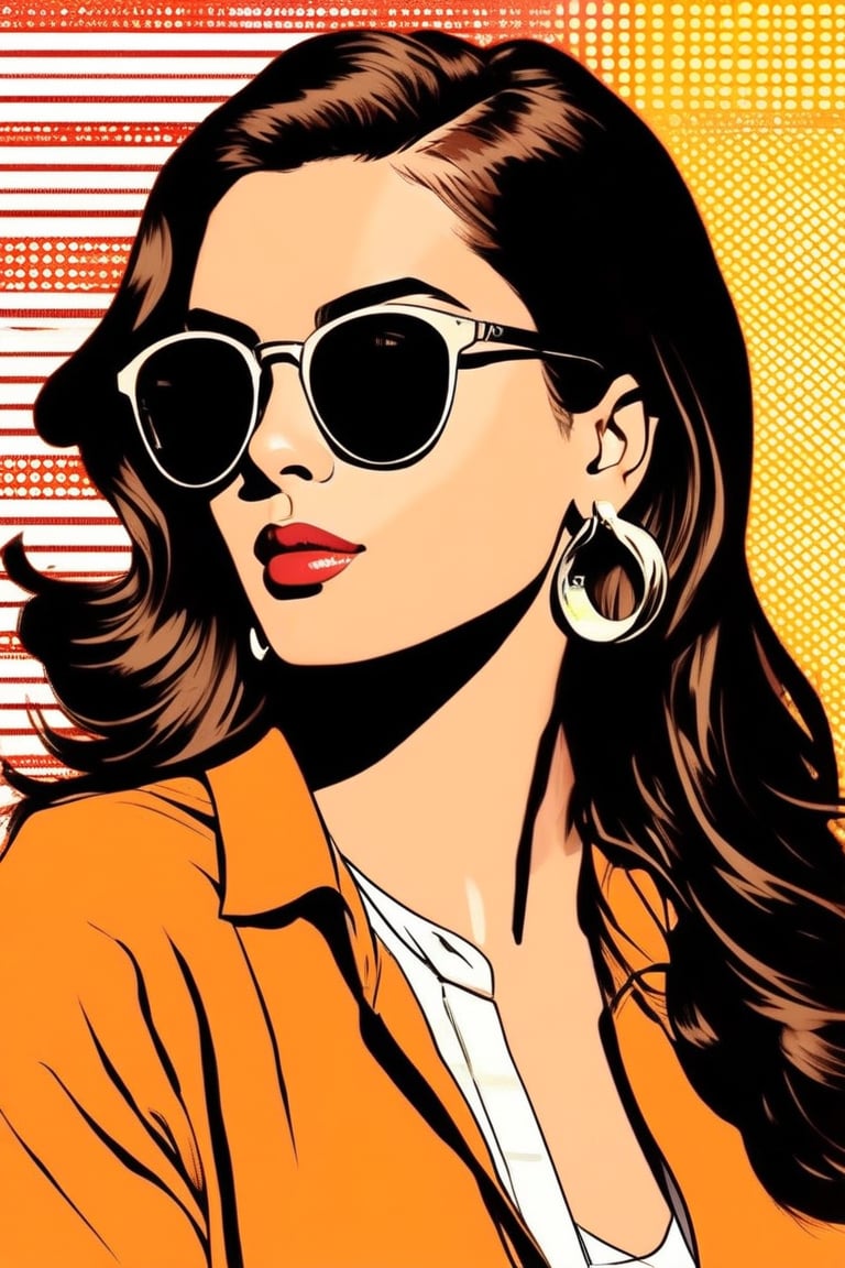 Comic Art Illustration Style,  a pop art style illustration of a woman with sunglasses, 1girl, solo, long hair, brown hair, shirt, jewelry, earrings, hoop earrings