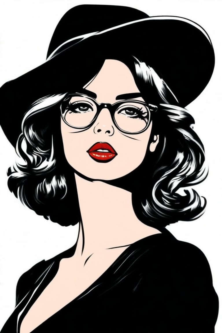 Comic Art Illustration Style,  a painting of a woman wearing glasses and a hat, 1girl, solo, simple background, hat, glasses, lips