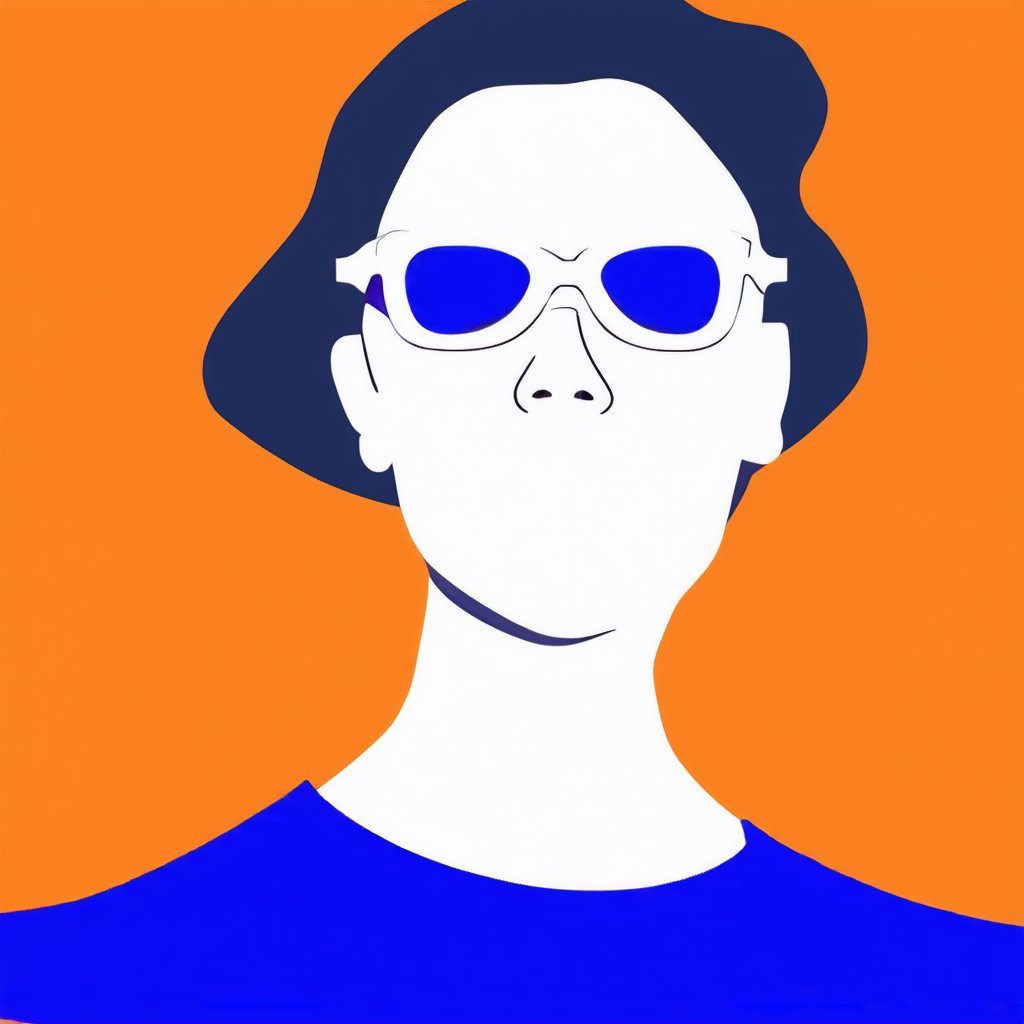 Flat Illustration,  an illustration of a woman wearing sunglasses on an orange and blue background