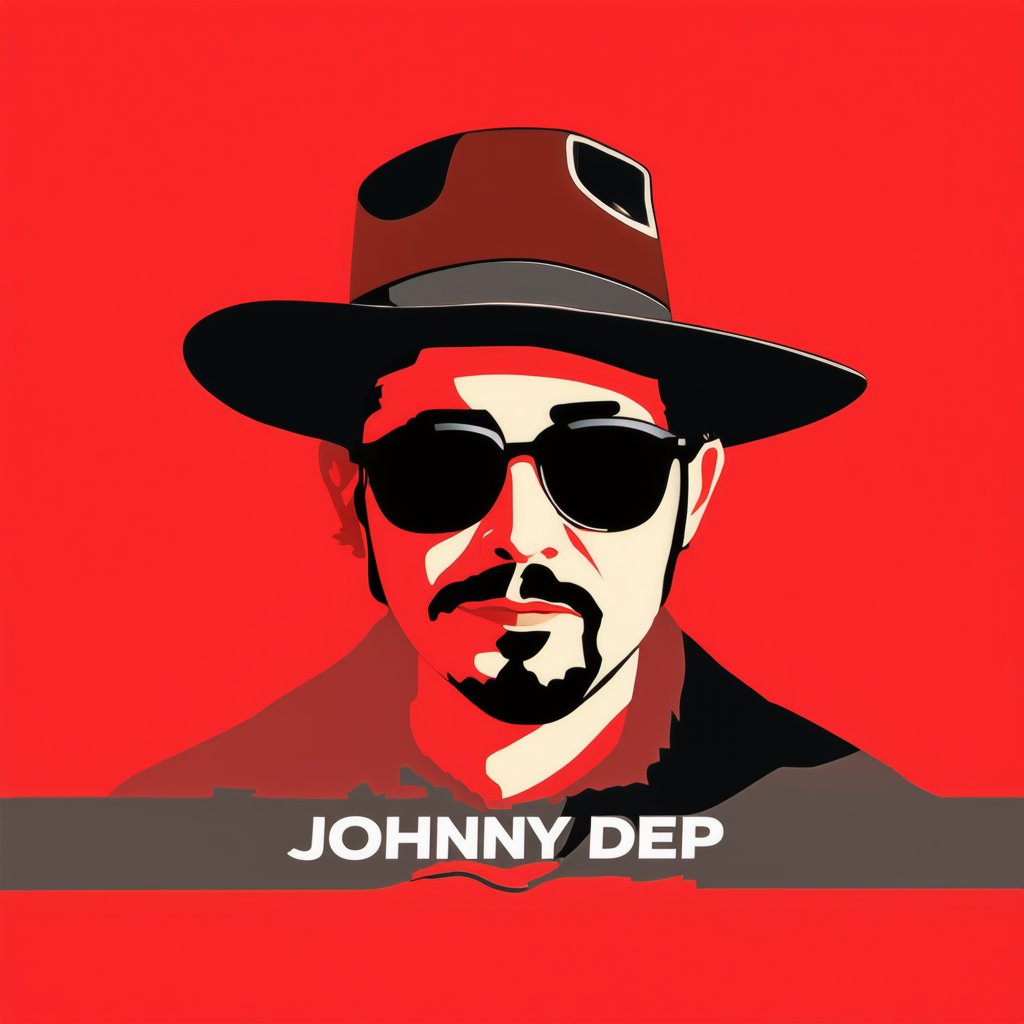 Flat Illustration,  an illustration of a man in a hat and sunglasses on a red background with the words johnny depp