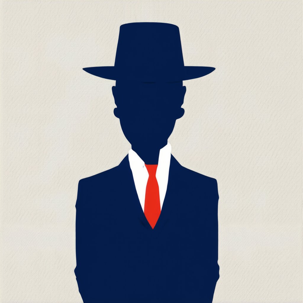 Flat Illustration,  silhouette of a man wearing a hat and suit with a red tie on a dark blue background