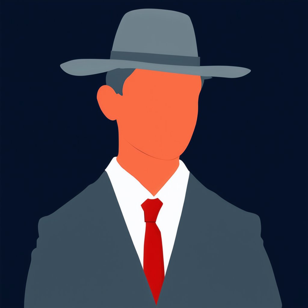 Flat Illustration,  silhouette of a man wearing a hat and suit with a red tie on a dark blue background