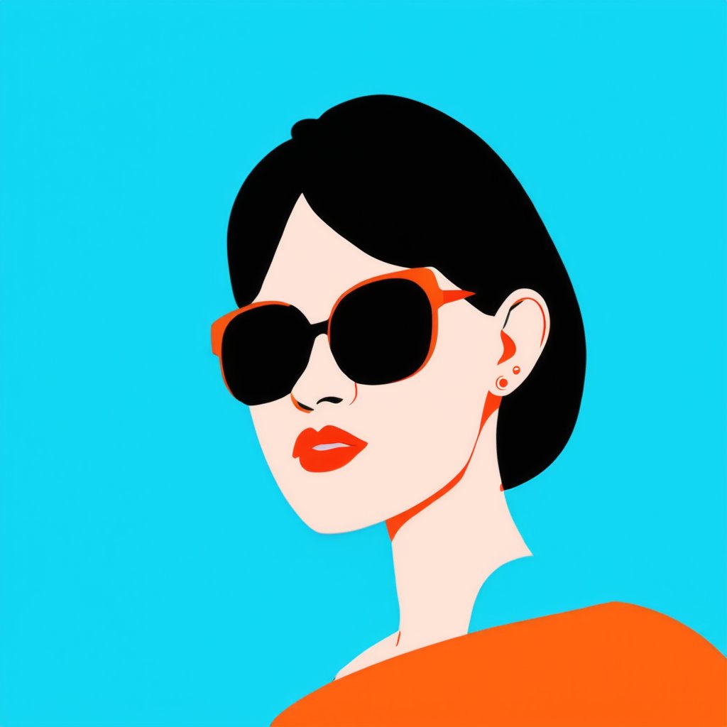 Flat Illustration,  an illustration of a woman wearing sunglasses on an orange and blue background