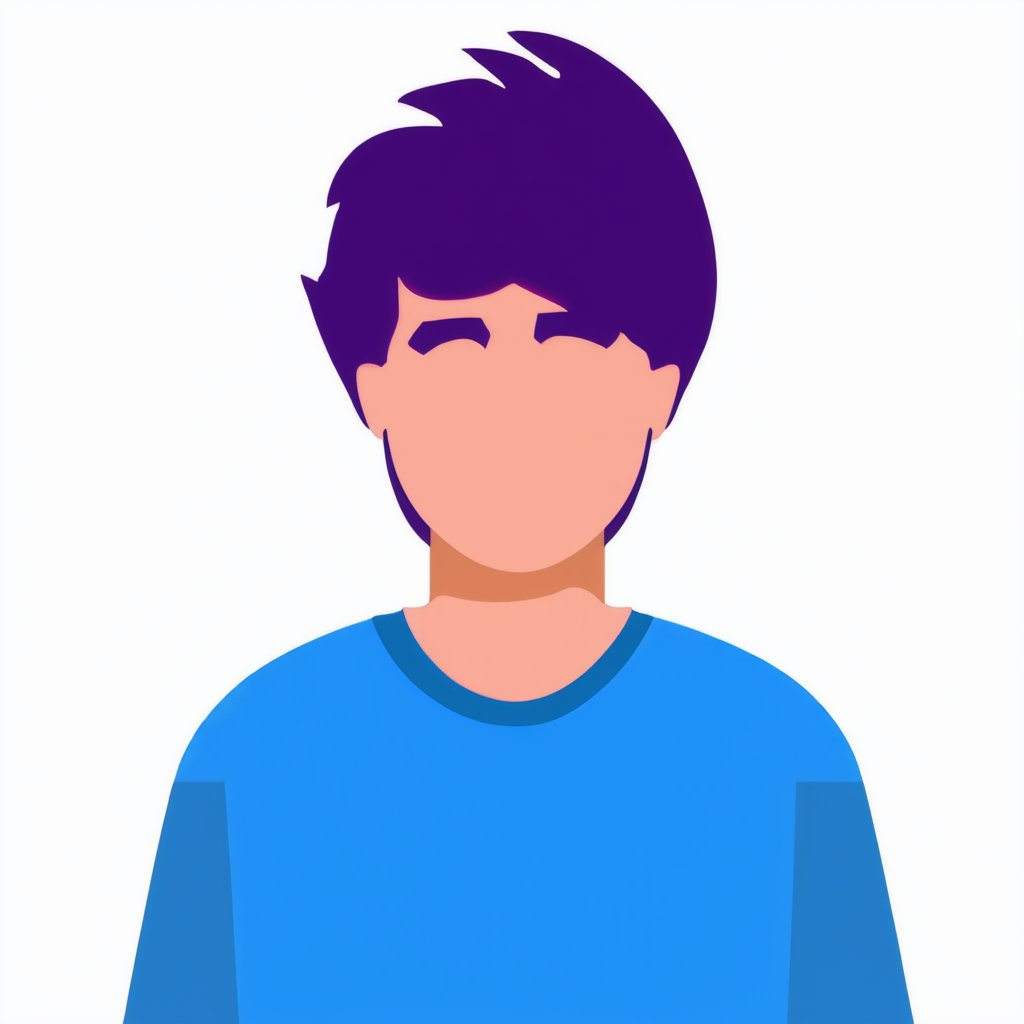 Flat Illustration,  an avatar of a man with purple hair and blue t - shirt on a white background, flat style