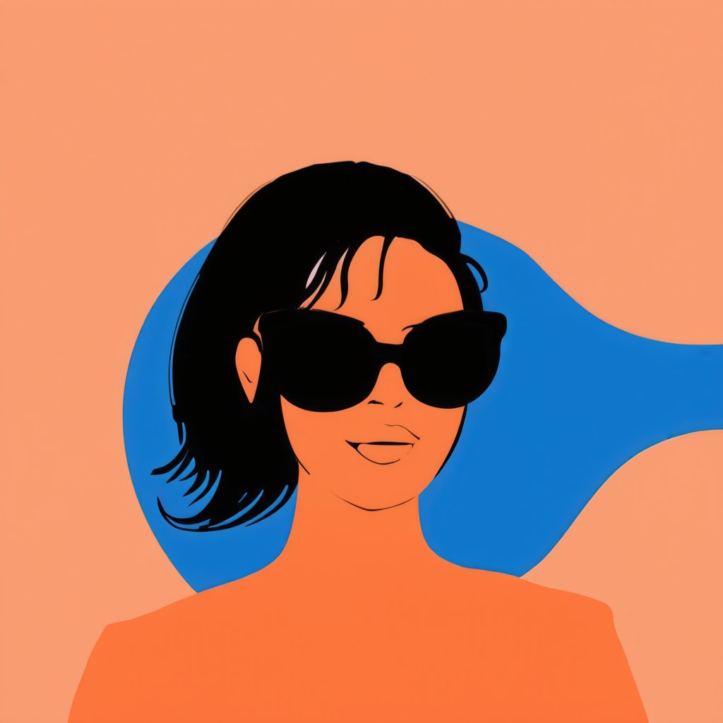 Flat Illustration,  an illustration of a woman wearing sunglasses on an orange and blue background