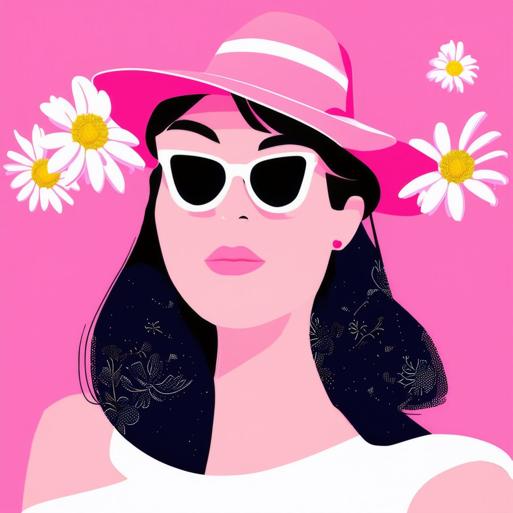 Flat Illustration,  an illustration of a woman wearing sunglasses and a hat in front of daisies on a pink background