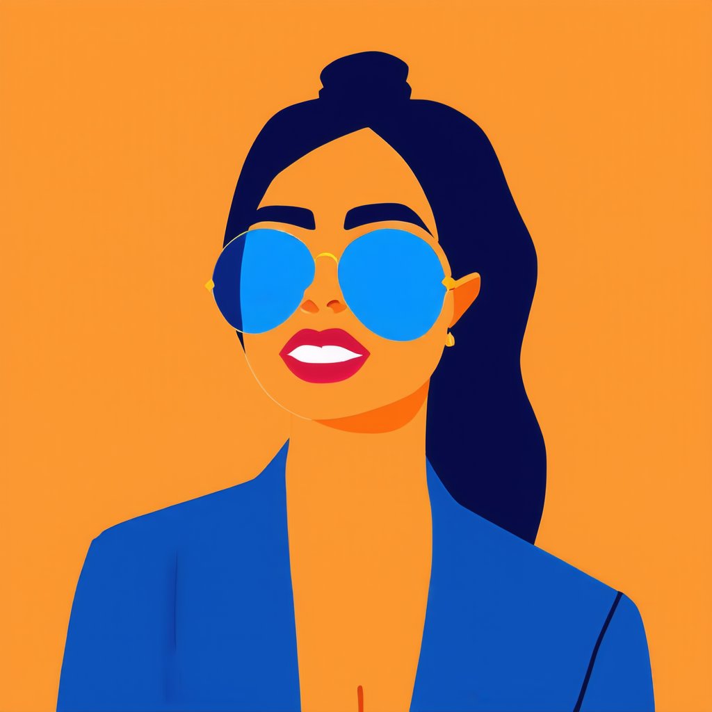 Flat Illustration,  an illustration of a woman wearing sunglasses on an orange background