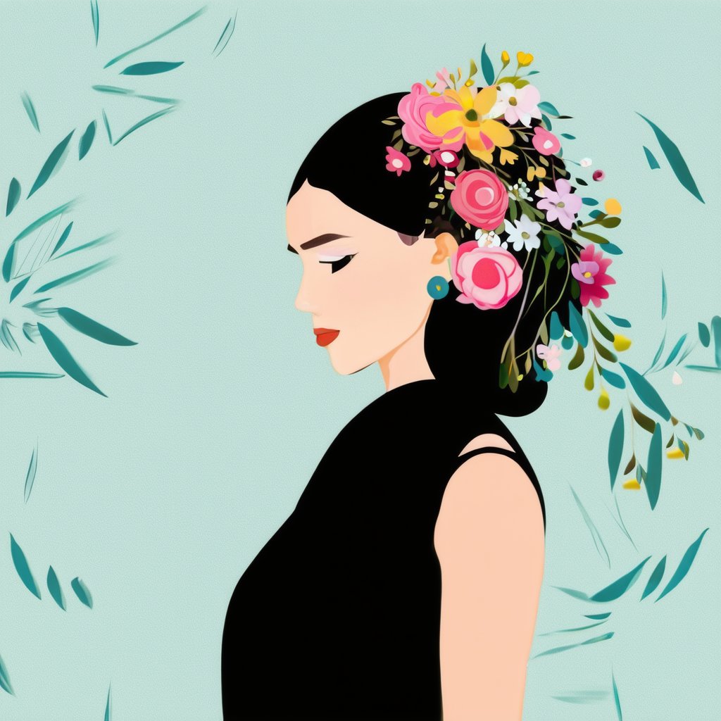 Flat Illustration,  an illustration of a woman in a black dress with flowers in her hair and earrings on her earlobes