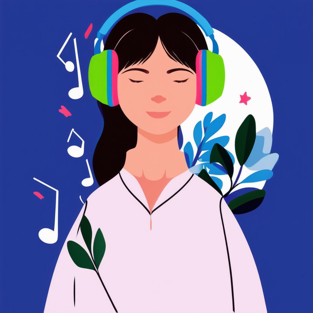 Flat Illustration,  an illustration of a woman wearing headphones and listening to music, with leaves and musical notes in the background