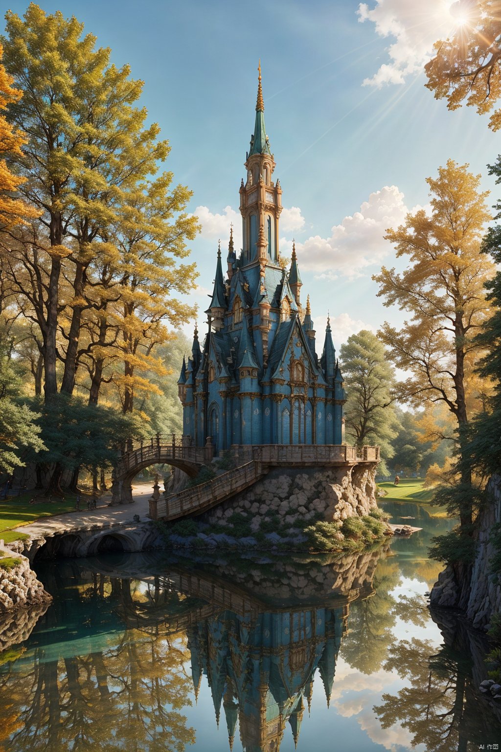 blue sky, Fantasy Park ,Lakes, (wonderland:1 ), Adequate sunlight,reflection, true light and shadow, perfect lighting, no humans,Realistic, Overlooking, Representative,boutique, Masterpiece, Intricate, High Quality, Best Quality, Ultra HD,high res, Full Detail, ,Authenticity, Take photos, ﻿
