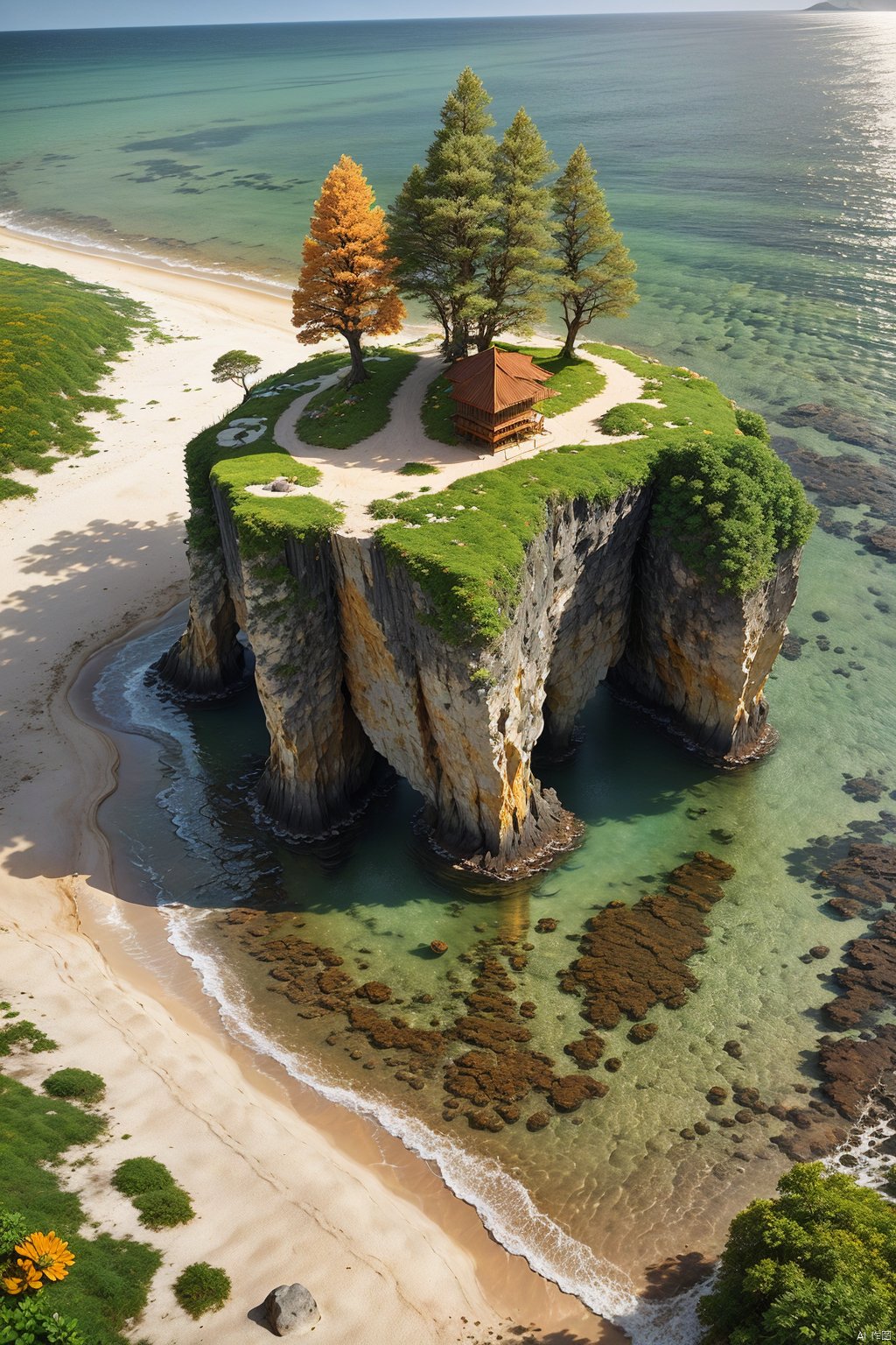 Masterpiece: 1.3), Outdoor, Top View, (Flowers: 1.4), Ocean, Water, Spray, Waves, (Beach: 1.1), Sand, Coral Reef, (Grass: 1.2), (Beach: 1.3), 3D Rendering , blender, clean background, Redshift rendering, c4d, 8k, mountains in the distance, flowers, small trees, grass, small flowers, masterpiece, green theme, super detailed, 3D art, OC rendering, best quality, masterpiece, high resolution rate, extremely detailed wallpapers, bright lights, ultra-wide-angle lenses,