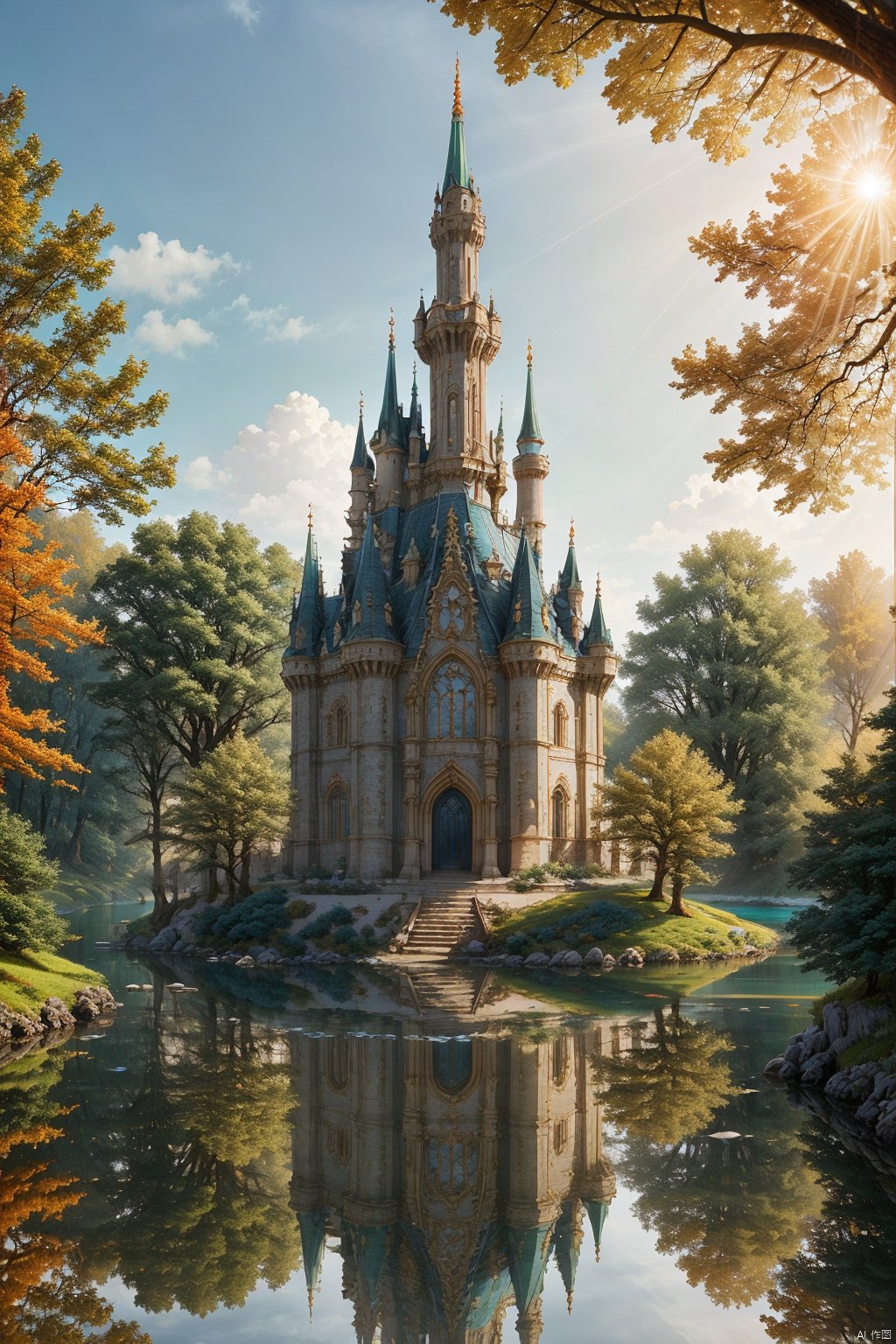 blue sky, Fantasy Park ,Lakes, (wonderland:1 ), Adequate sunlight,reflection, true light and shadow, perfect lighting, no humans,Realistic, Overlooking, Representative,boutique, Masterpiece, Intricate, High Quality, Best Quality, Ultra HD,high res, Full Detail, ,Authenticity, Take photos, ﻿
