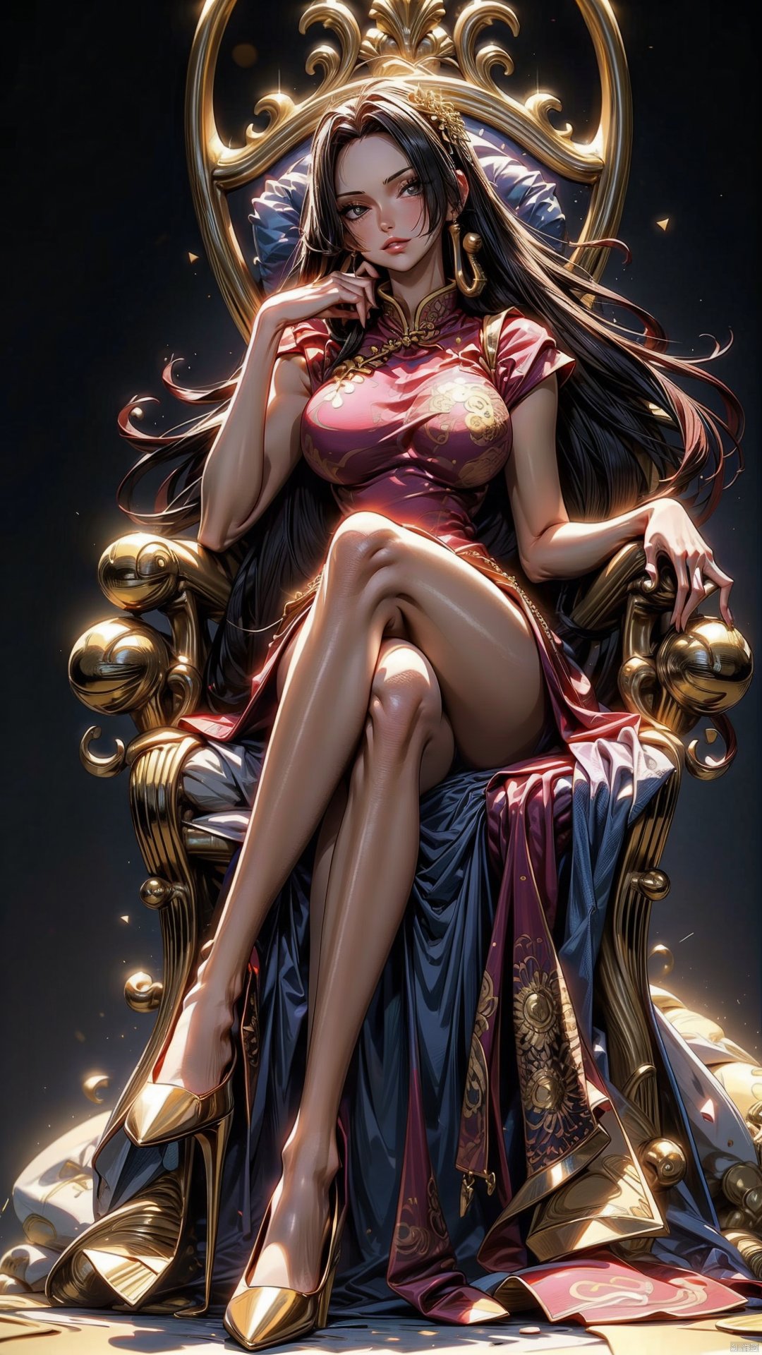 best quality,masterpiece,HDR,UHD,8K,1girl,solo,upper body,earrings,hime cut,long hair,simple_background,gradient_background,boa hancock,highly detailed,Detailed Photo,Sexy,golden ratio,chinese dress,sitting,on chair,throne,long legs,high heels,(crossed legs:1.3),chinese clothes